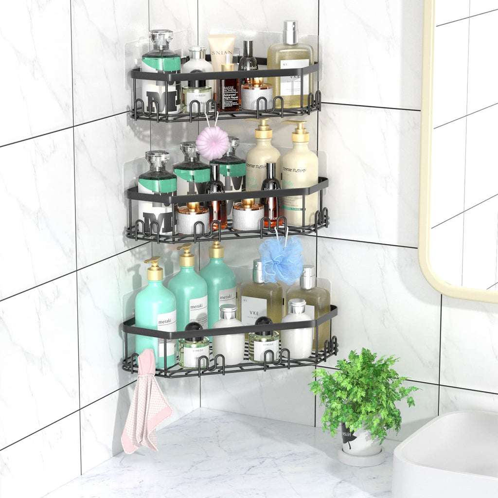 Steugo Corner Shower Caddy, Shower Organizer Corner Shower Shelf With 12 Hooks,3-Pack Adhesive Stainless Steel Shower Shelves Fo