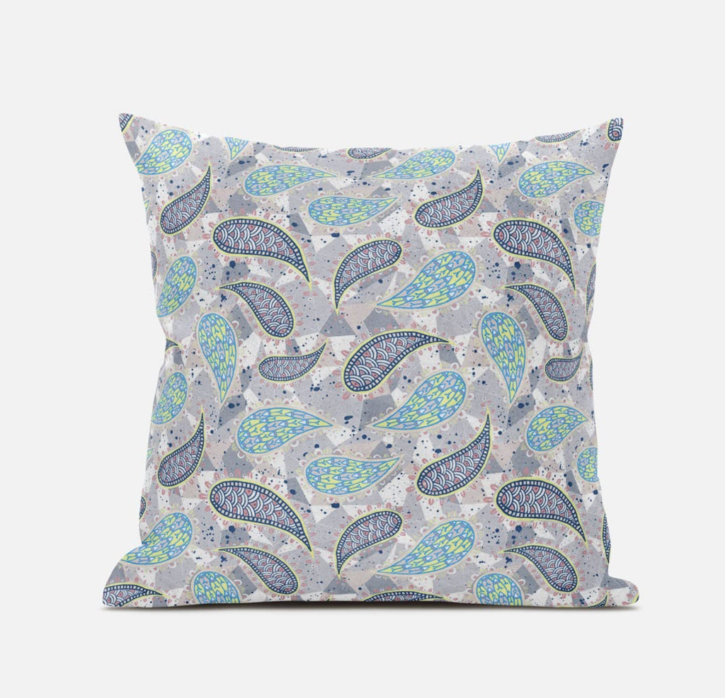 HomeRoots Cream Grey 18â€ Gray Green Boho Paisley Zippered Suede Throw Pillow