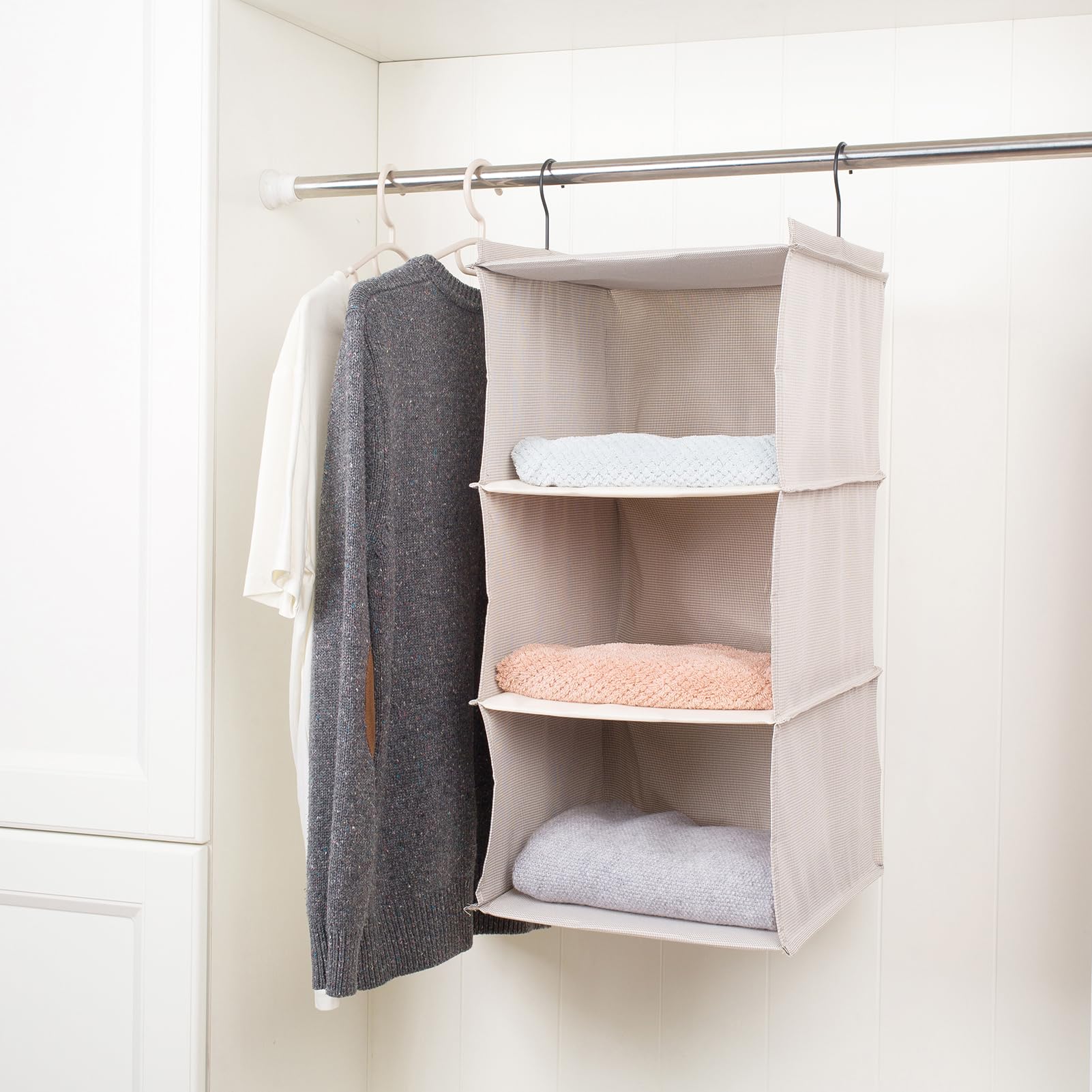 Donyeco Hanging Closet Organizer, Easy Mount Foldable 3-Shelf Hanging Closet Wardrobe Storage Shelves, Clothes Handbag Shoes Acc