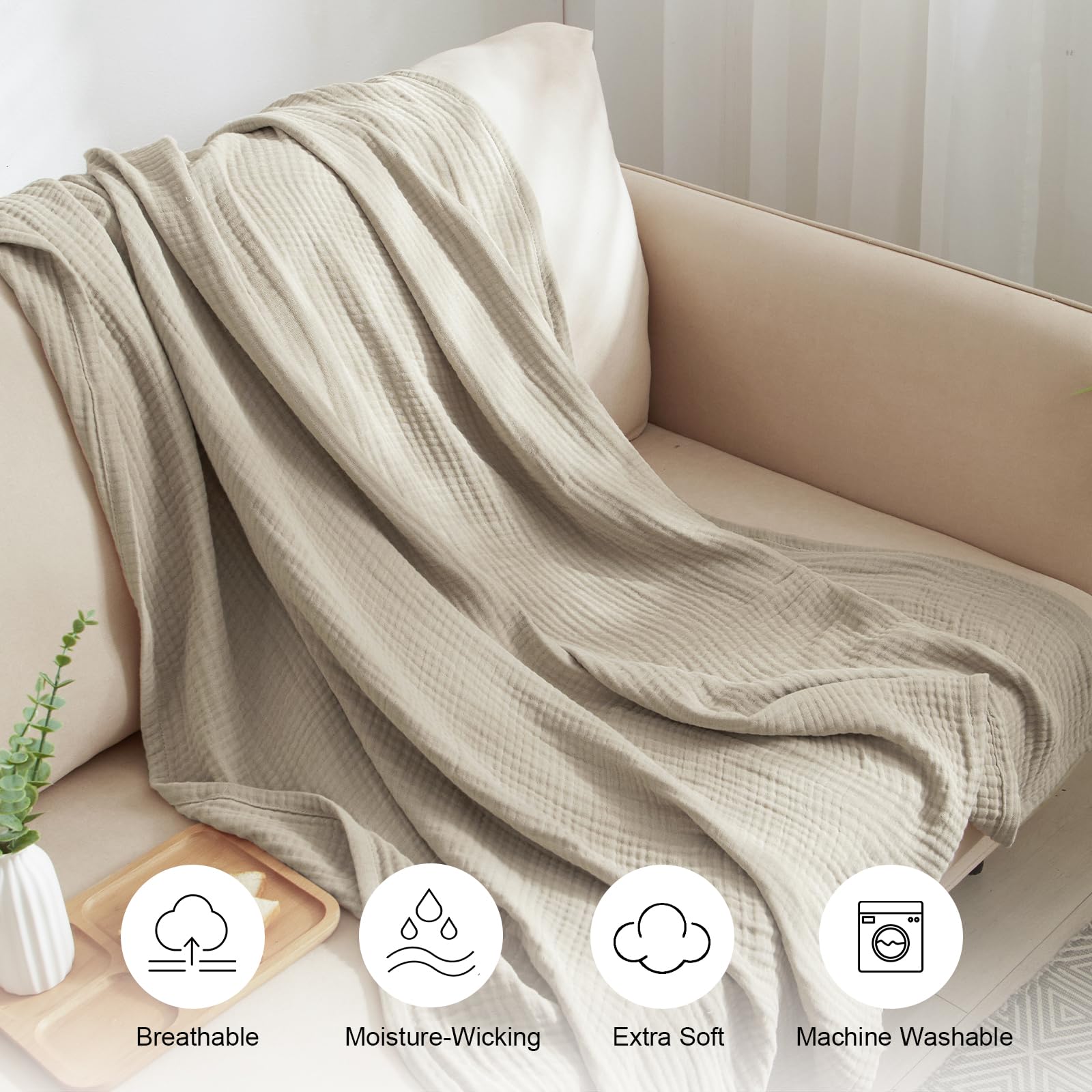 Phf 100% Cotton Muslin Throw Blanket 50' X 60', 4-Layer Lightweight And Breathable Blanket For Summer, Luxuriously Soft Gauze Throws For Couch, Natural Minimalism Style, Ideal Gift, Light Tan