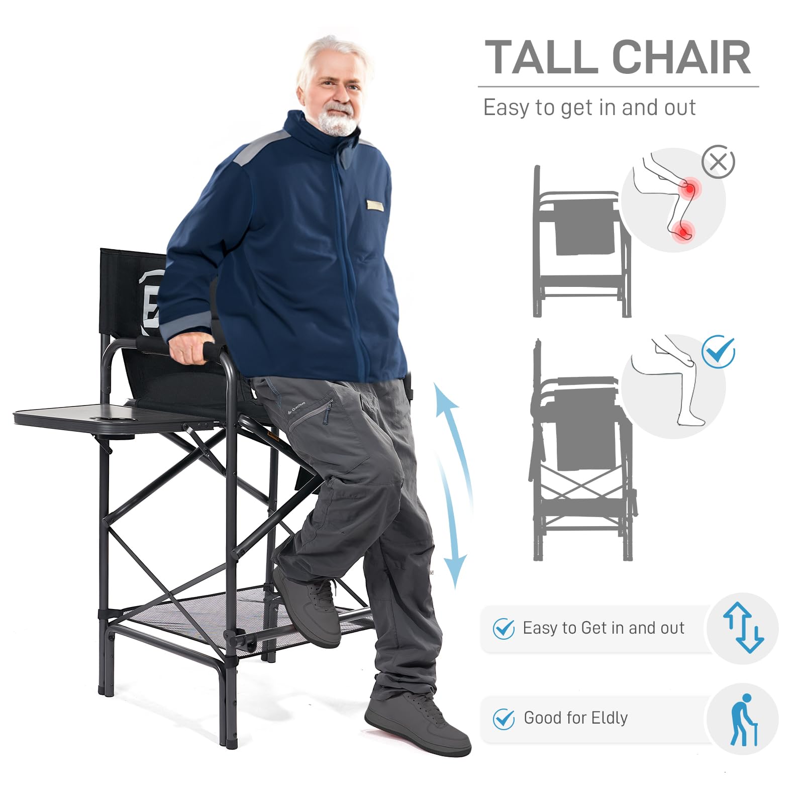 Ever Advanced 30.7' Seat Height Directors Chair For Makeup Artist With Side Table Easy Get In Out For Elderly Tall Camping Chair Supports 350Lbs Black
