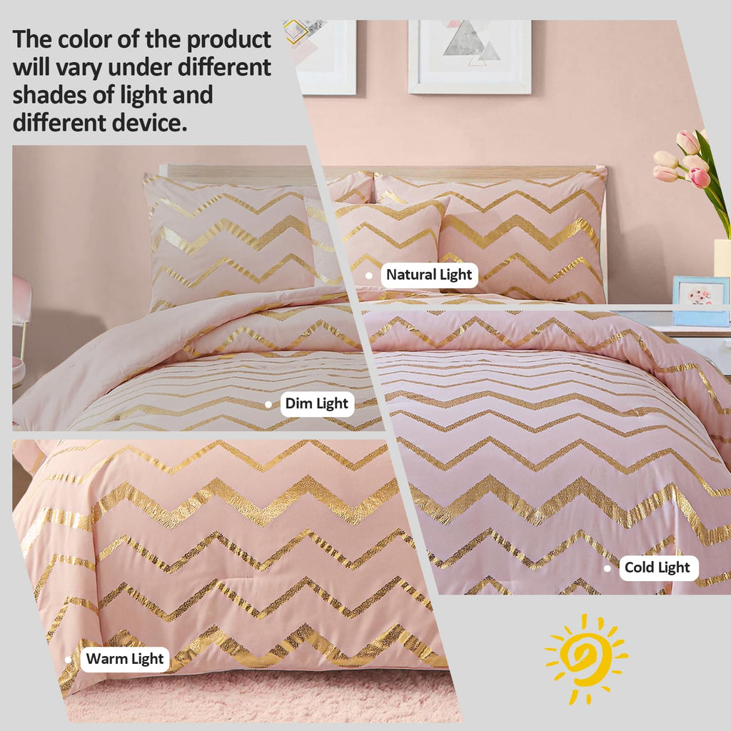Menghomeus Pink Comforter Set Twin/Twin Xl Size Metallic Blush And Rose Gold Bedding Set, 3 Piece Lightweight Microfiber Comfort