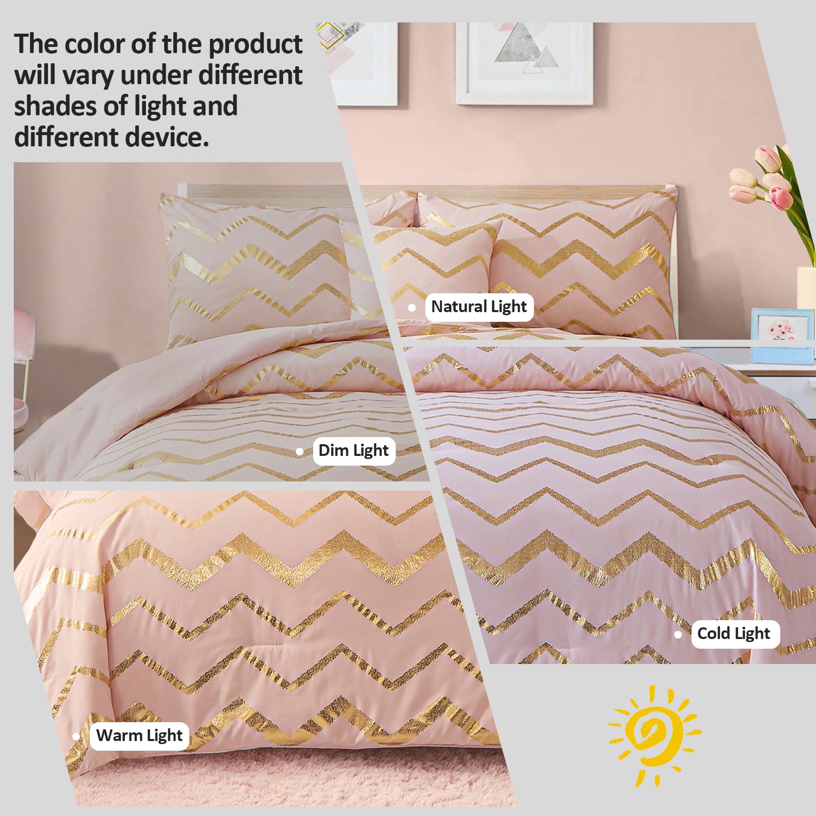 Pink Comforter Set King Size Metallic Blush And Rose Gold Bedding Set, 4 Piece Lightweight Microfiber Comforter For Teen Girls W