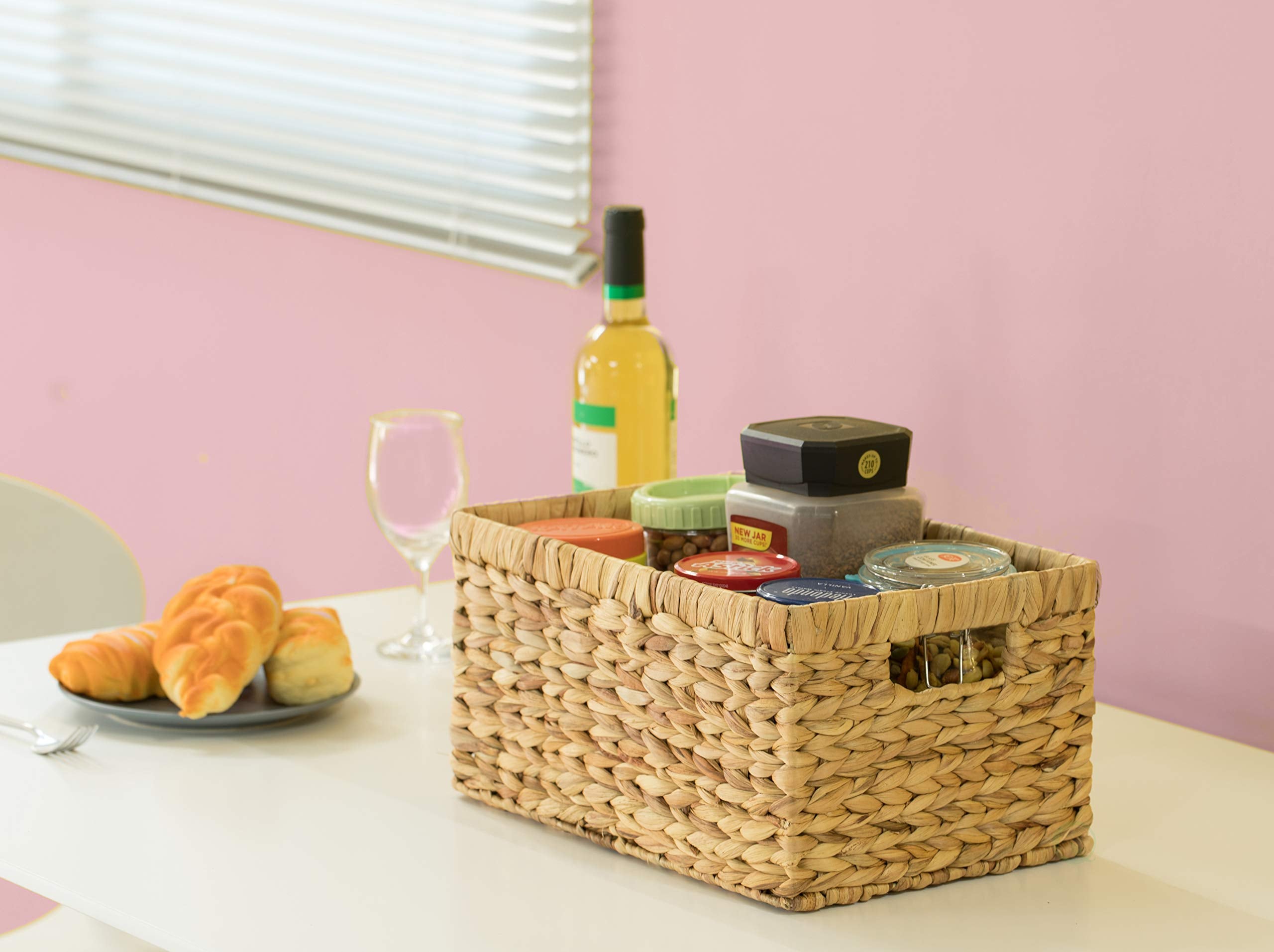 Natural Woven Water Hyacinth Wicker Rectangular Storage Bin Basket With Handles, Medium