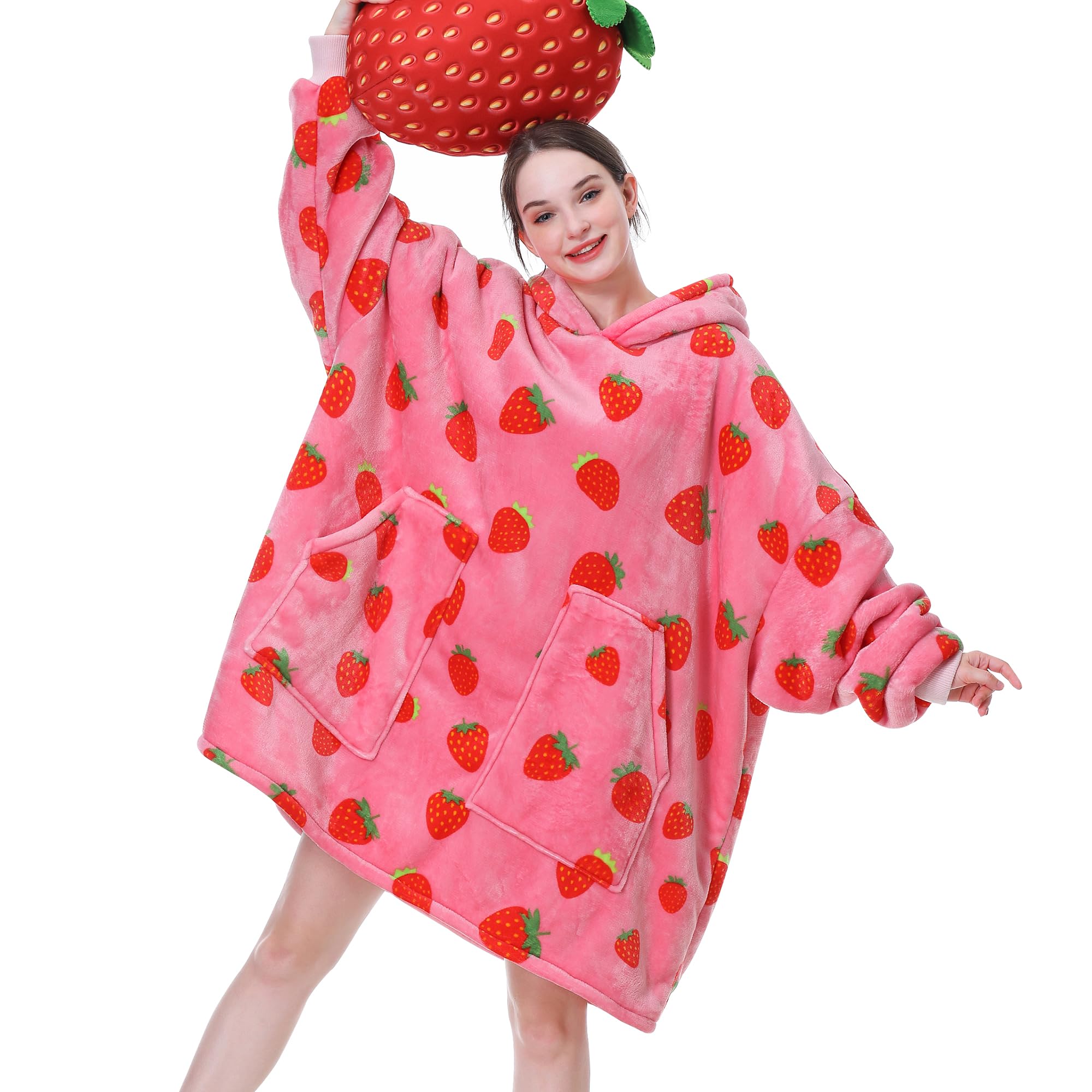 Aemicion Strawberry Blanket Hoodie,Oversized Wearable Blanket,Sherpa Hooded Blanket,Warm Cozy Sweatshirt Blanket Gifts For Women