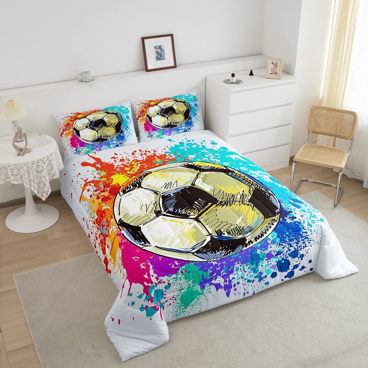 Castle Fairy Soccer Comforter Set Twin Size,Watercolor Tie-Dye Duvet Insert For Kid Teen Boys Girls Room Decor,Sports Game Quilted Duvet,Colorful Graffiti Hip Hop Quilt Cover With 1 Pillowcase