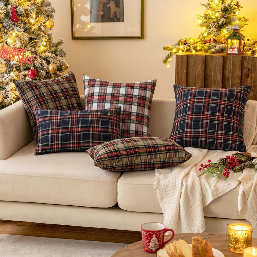 Miulee Christmas Set Of 2 Scottish Tartan Plaid Throw Pillow Covers Farmhouse Classic Decorative Square Cushion Cases For Home Decor Sofa Couch 18X18 Inch, Red And White