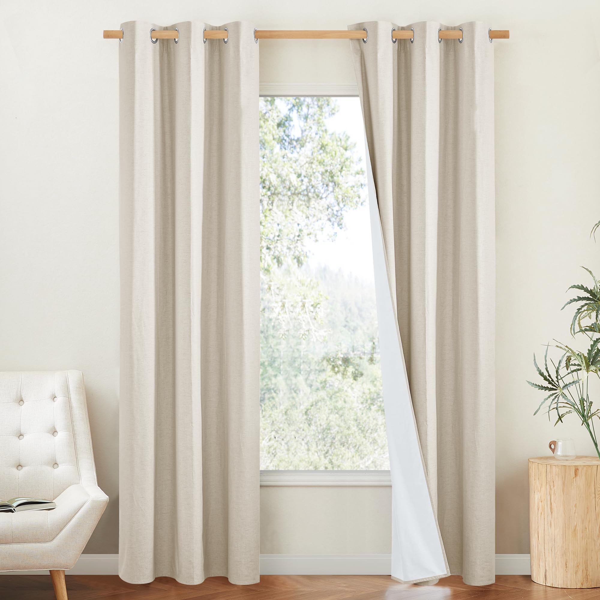 NICETOWN Grizzle Gray Vintage Linen 100% Blackout Curtains for Living Room, Thermal Insulated Curtains 84 Long, Noise Reducing W