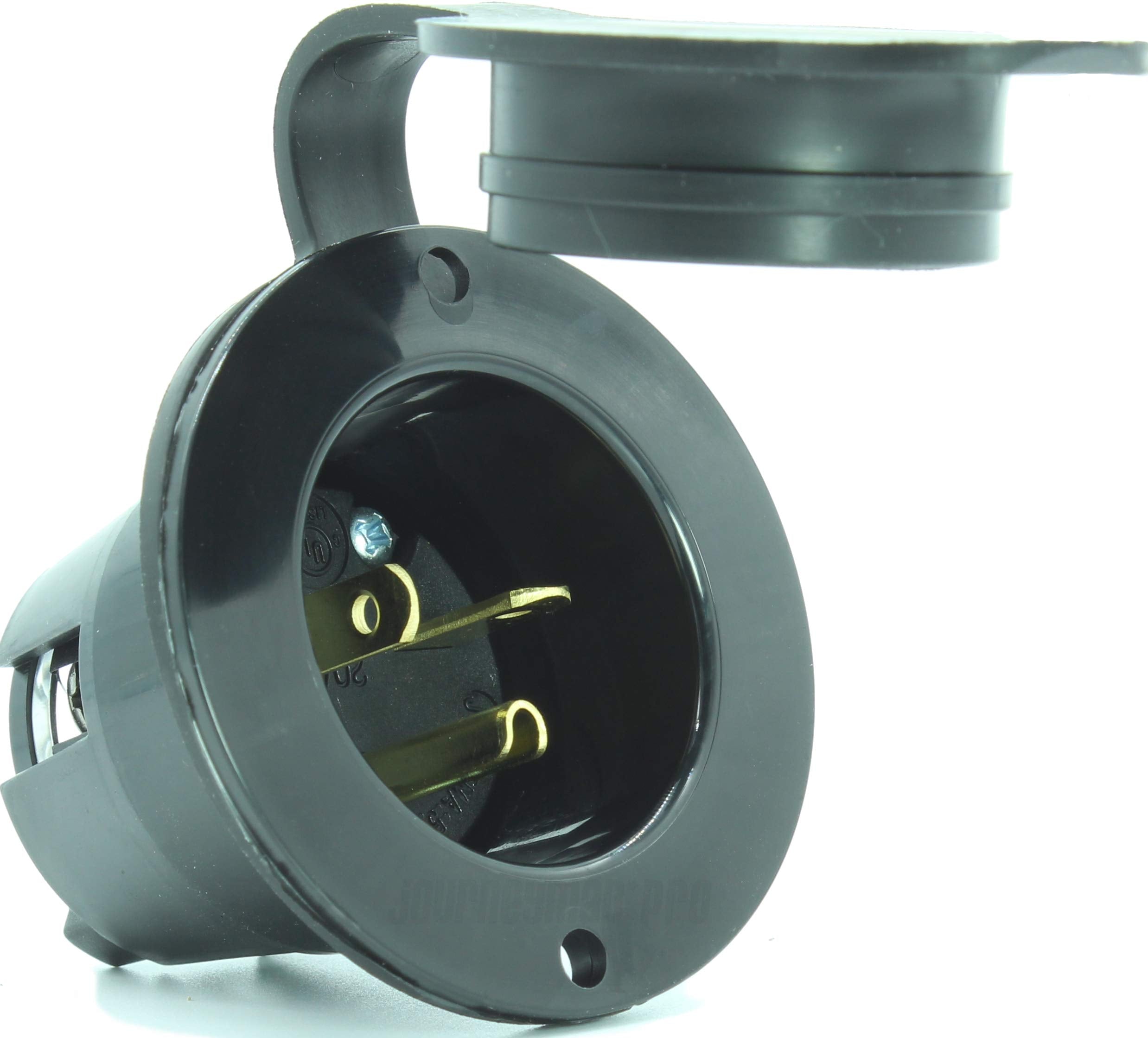 Journeyman-Pro 5378 20 Amp 120-125 Volt, Nema 5-20P Flanged Inlet, 2500 Watt Black Rv/Marine Commercial Grade, Straight Blade Pl