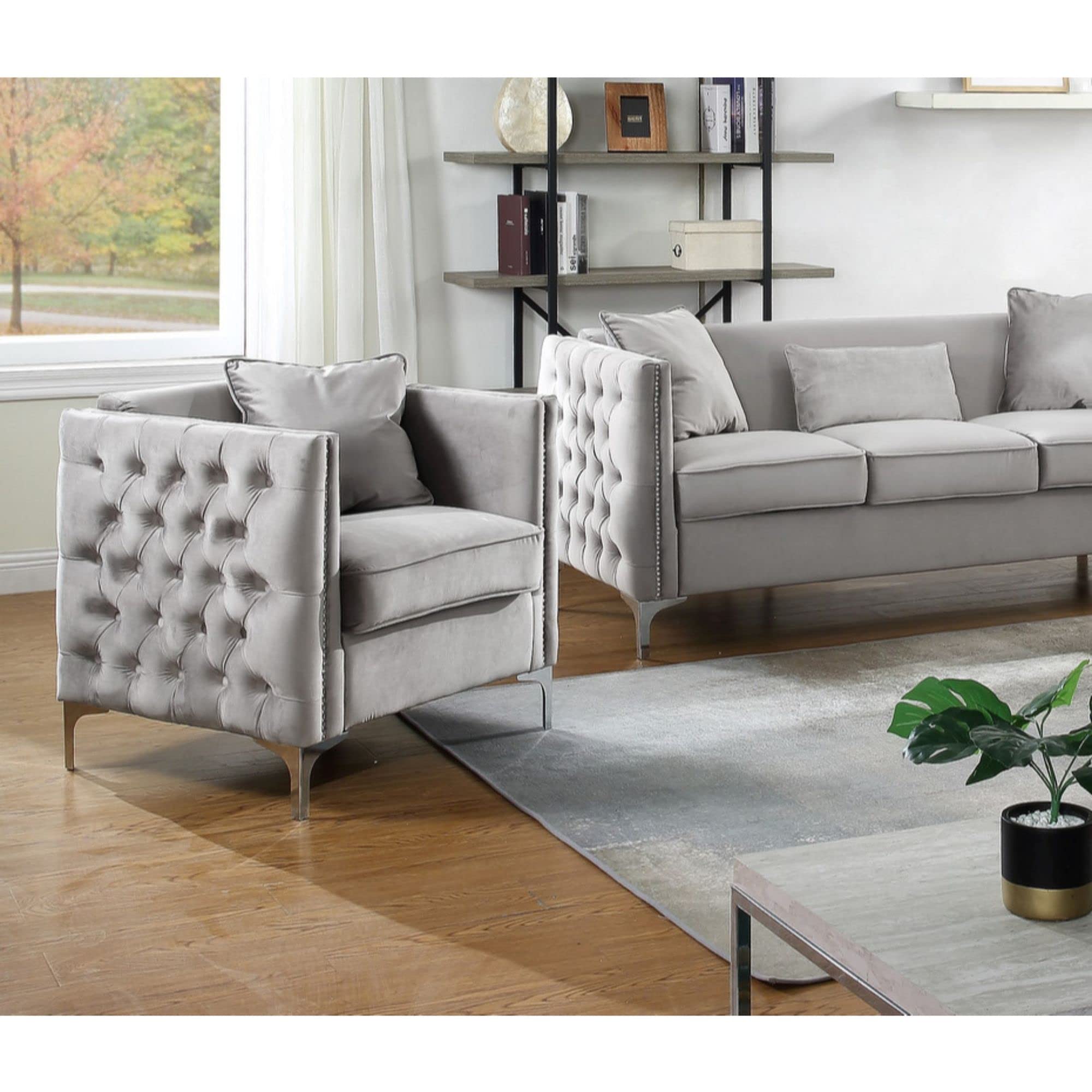 Lilola Home Bayberry Gray Velvet Chair with 1 Pillow