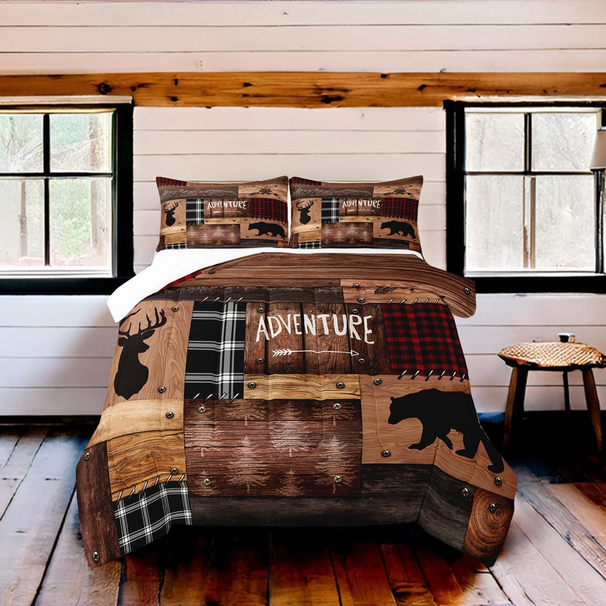 Deer Antlers Bear Silhouette Kids Comforter Set Full Size,Old Wooden Plank Plaid Bedding Set For Teens Adults Camper Home Decor,