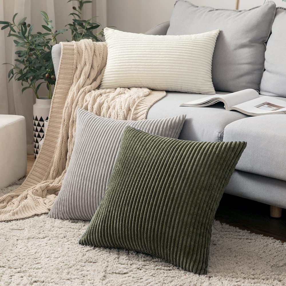 Miulee Pack Of 2 Corduroy Pillow Covers Soft Soild Striped Throw Pillow Covers Set Decorative Square Cushion Cases Pillowcases For Spring Sofa Bedroom Couch 18 X 18 Inch Olive Green