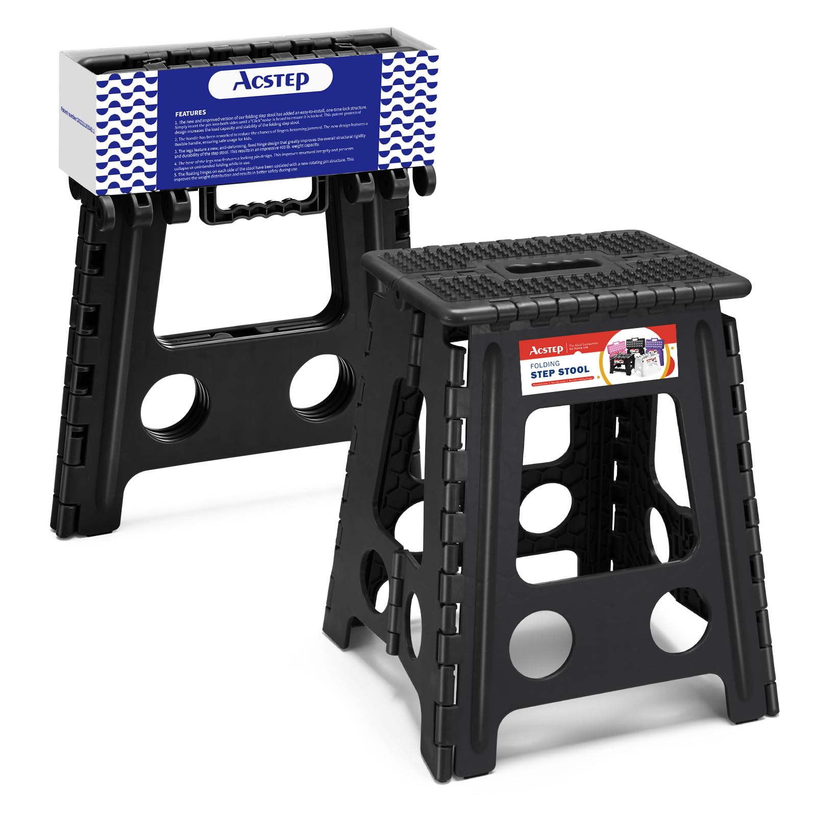 Acstep 16 Inch Folding Step Stool For Adults And Kids, Non-Slip Plastic Foldable Stepping Stool, Collapsible Folding Stool With Handle Holds Up To 400Lbs For Kitchen, Dot Black (1 Pack)