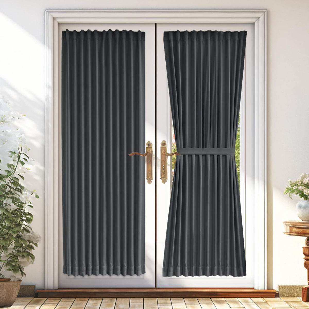 Vatge Grey Front Door Curtains - Rod Pocket Blackout Door Curtain with Tieback for Glass Window, French Door Curtain Panel for F