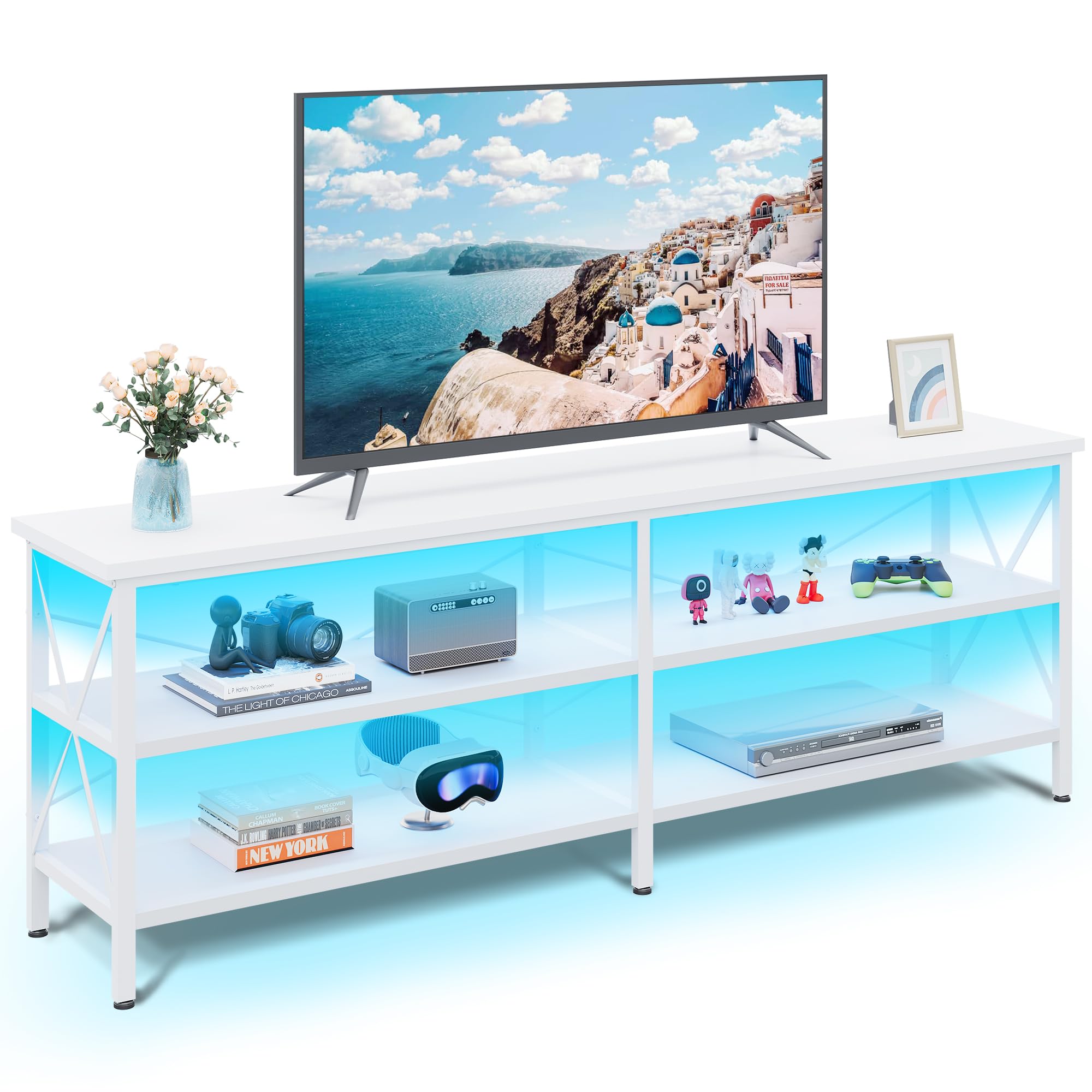 Wlive Tv Stand Up To 70 Inch Tv, 63' Entertainment Center With Led, Tv Media Console With 3-Tier Storage Shelves For Living Room And Bedroom, White