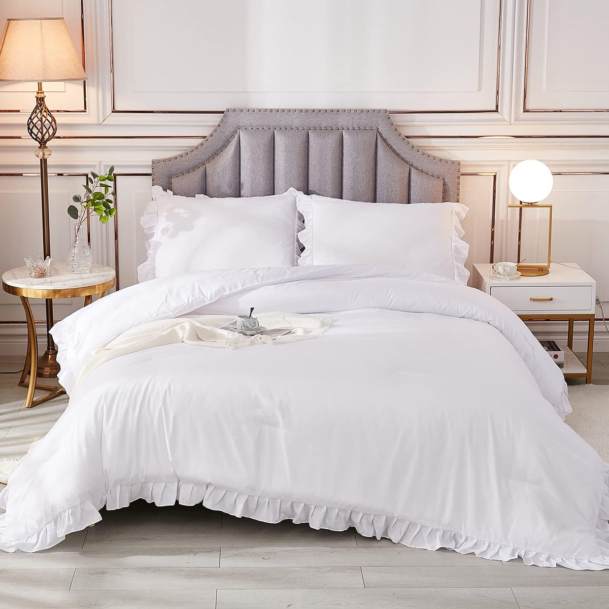 Andency White California King Comforter Set, 3 Pieces Shabby Chic Ruffle Solid Cal King Bedding Sets, Oversized All Season Soft Lightweight Down Alternative Bed Set For Adults Men Women