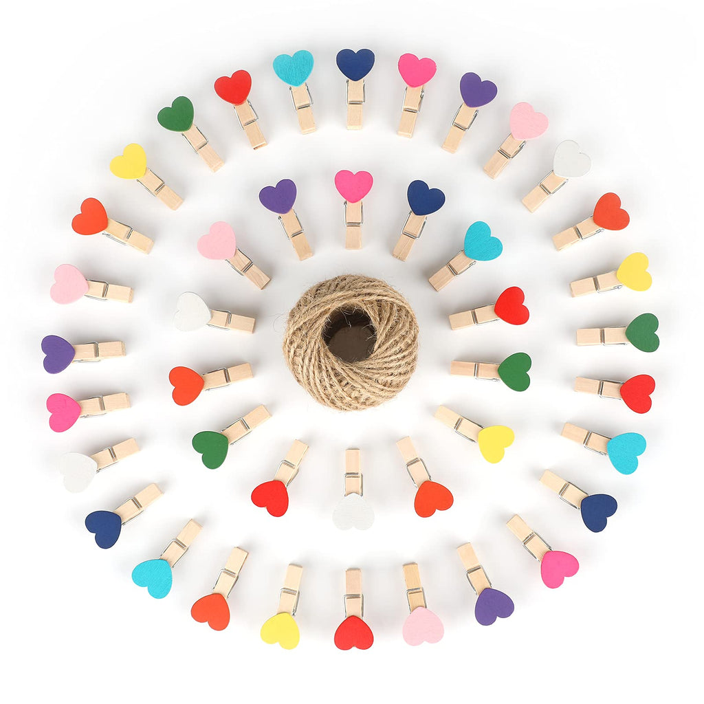 jijAcraft 100Pcs Clothespins with String, 1.4 inch Heavy-Duty Wooden Clothes Pins with Color Heart, Mini Photo Clips for Hanging