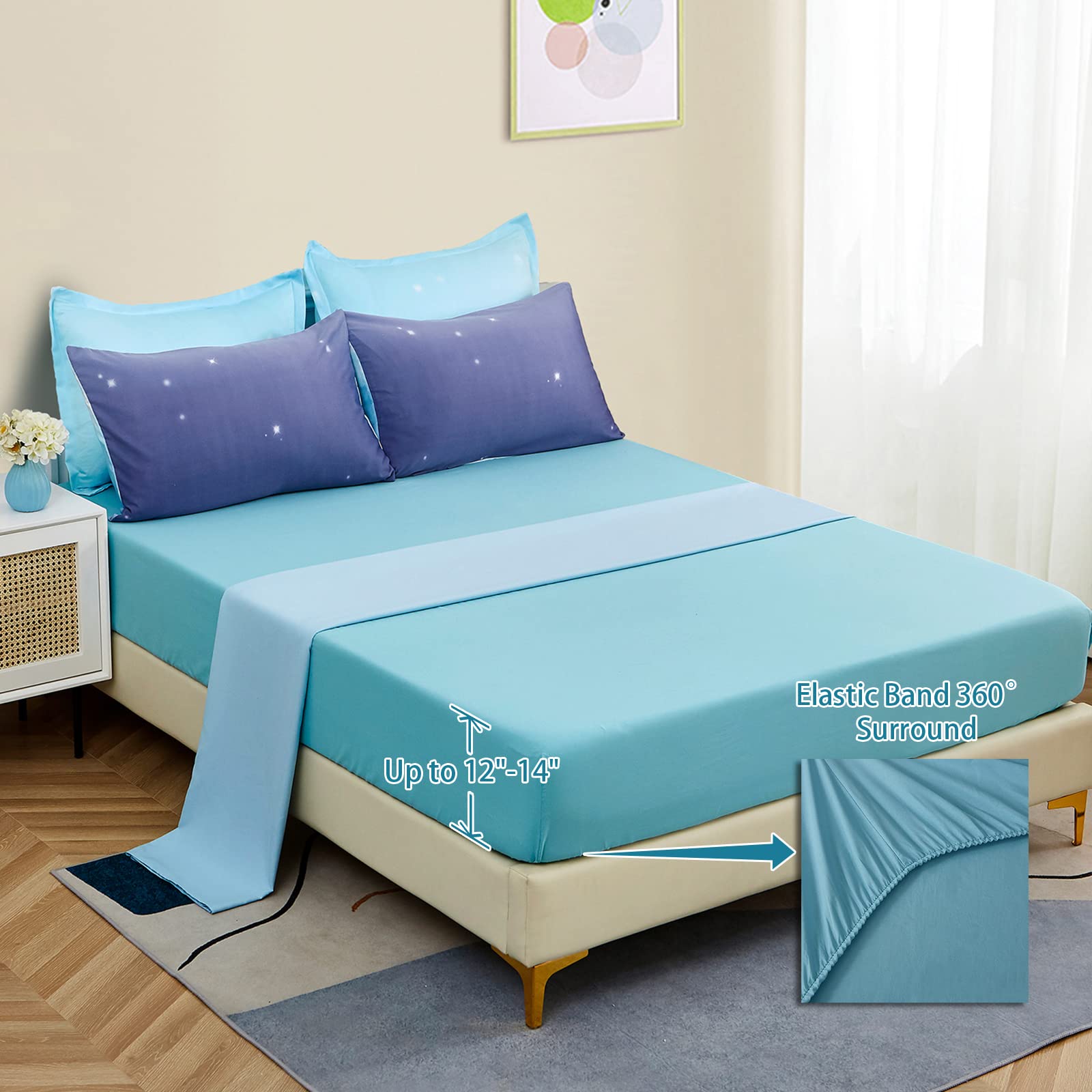 Dinjoy Girls Women Comforter Set King Size Ombre Blue Purple Rainbow Bedding Set 7 Pieces Bed In A Bag For Teen Adult (1 Comfort