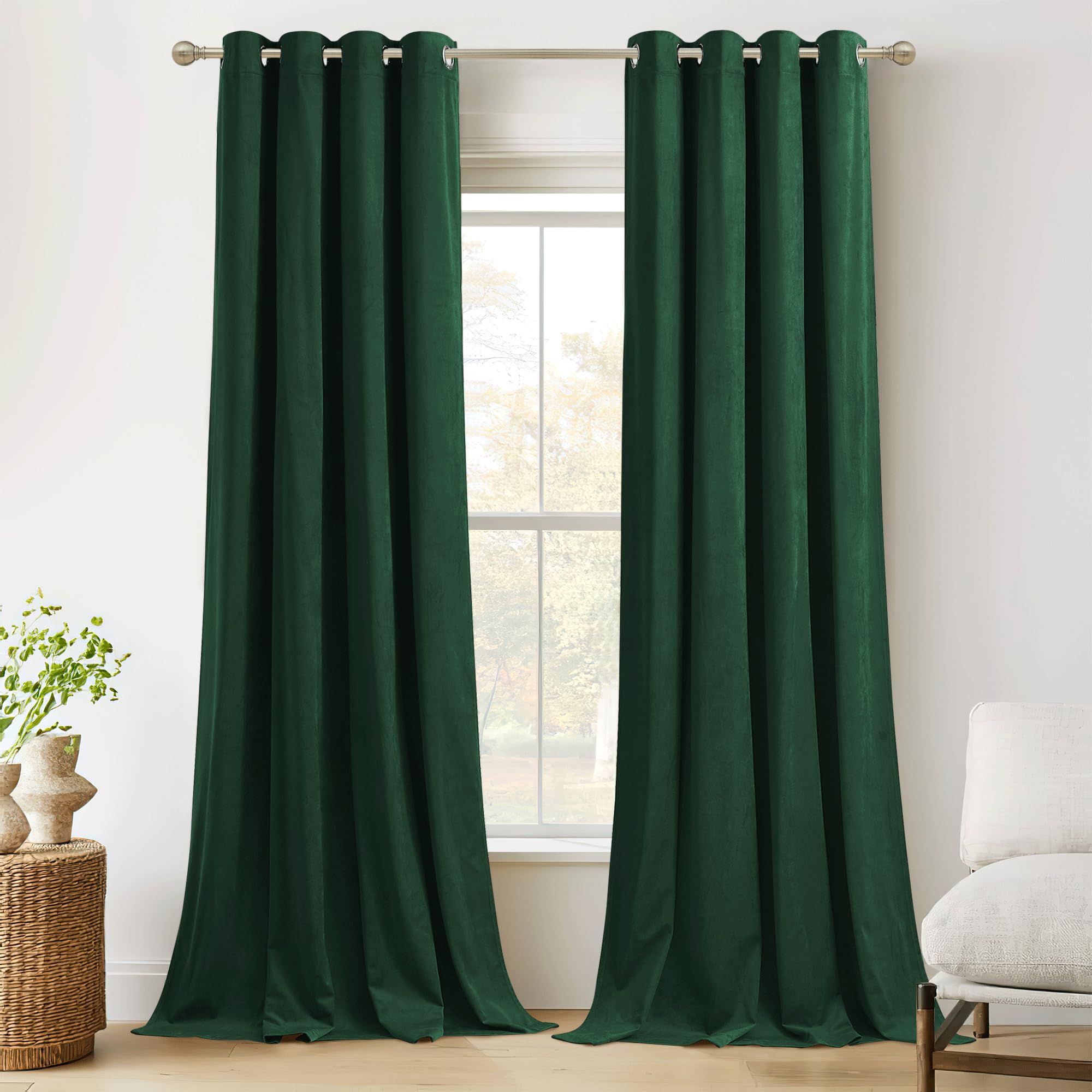 Ryb Home Hunter Green Velvet Curtains Elegant Grommet Window Curtain Drapes Room Darkening Privacy Backdrops For Bedroom Playroo
