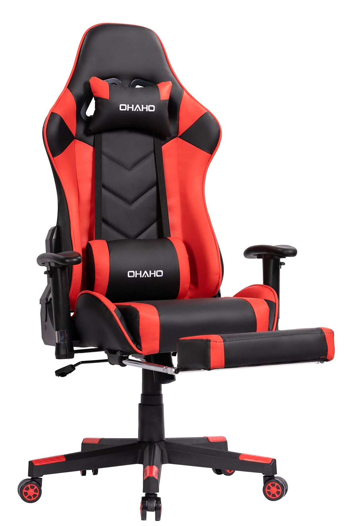 Ohaho Gaming Chair Racing Style Office Chair Adjustable Massage Lumbar Cushion Swivel Rocker Recliner High Back Ergonomic Computer Desk Chair With Retractable Arms And Footrest (Black/Red)