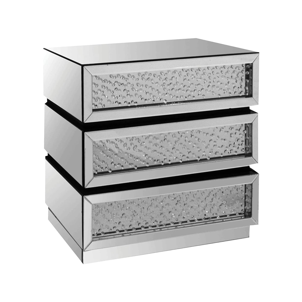 Benjara Pali 32 Inch Modern Nightstand Dresser Table, Faux Crystals, Mirror, Silver