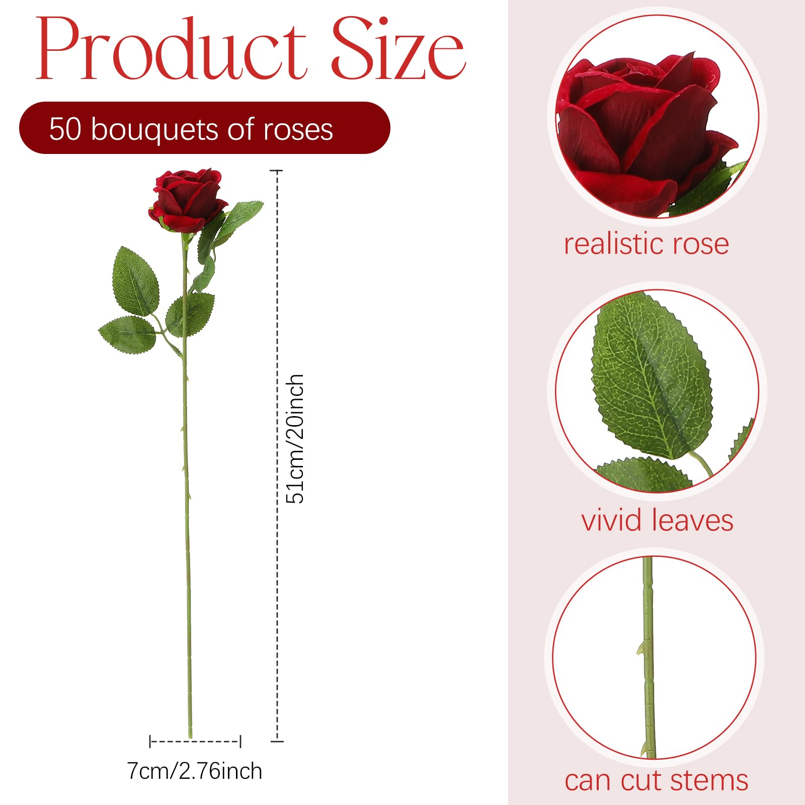 50 Pcs Artificial Rose Flower Realistic Silk Roses With Stem Bouquet Of Flowers Plastic Flowers Real Looking Fake Roses For Home