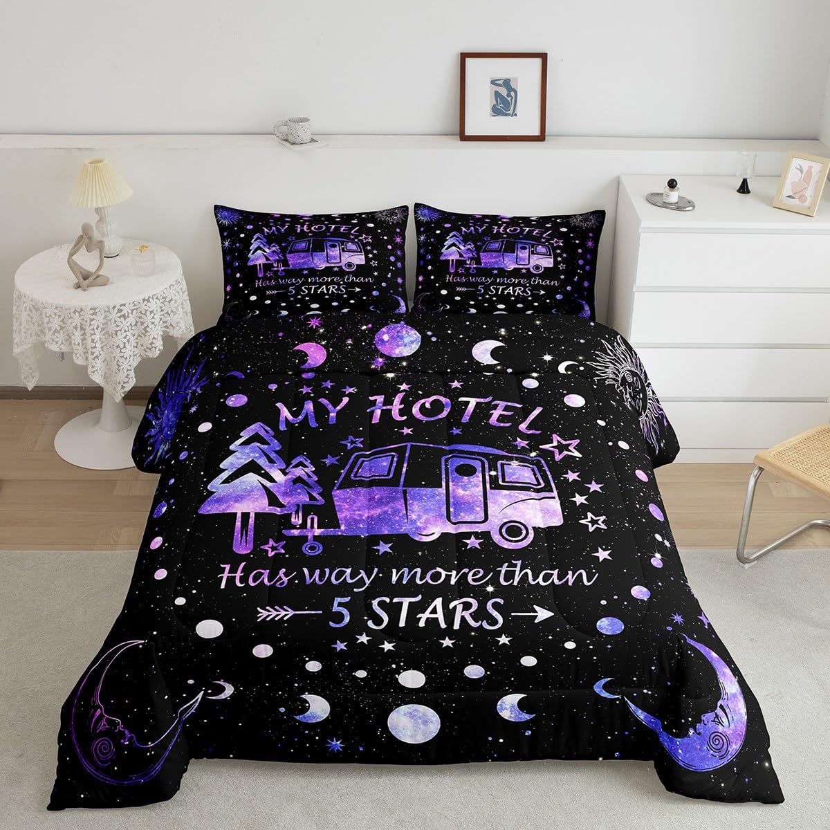 Camping Adventure Comforter Set Twin Size,Camper Rv Trailer Decor Bedding Set 2Pcs For Kids Boys Girls Adults,Sun Moon Starry Sk