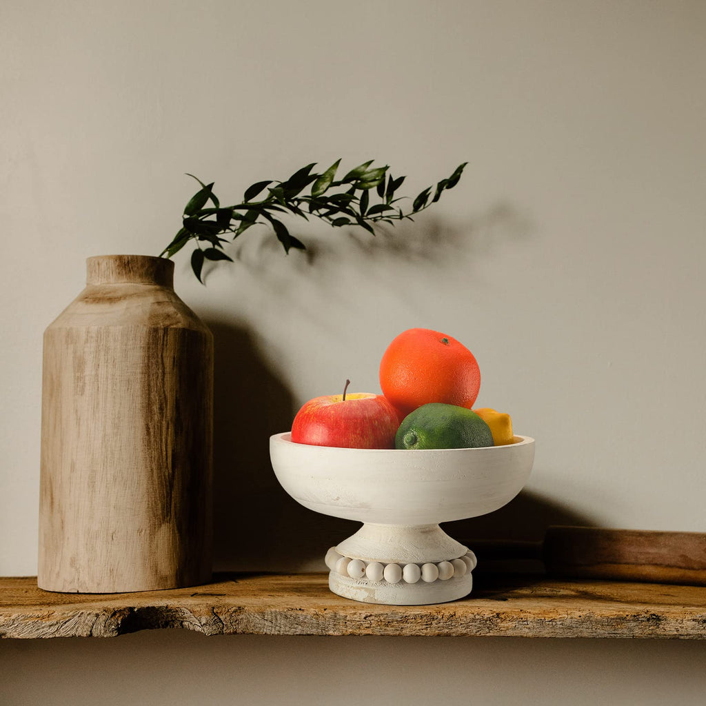 Amyhill Distressed Beaded Wood Pedestal Bowl Decorative Wooden Beaded Bowl Wood Pedestal Bowl Beaded Serving Bowl For Farmhouse