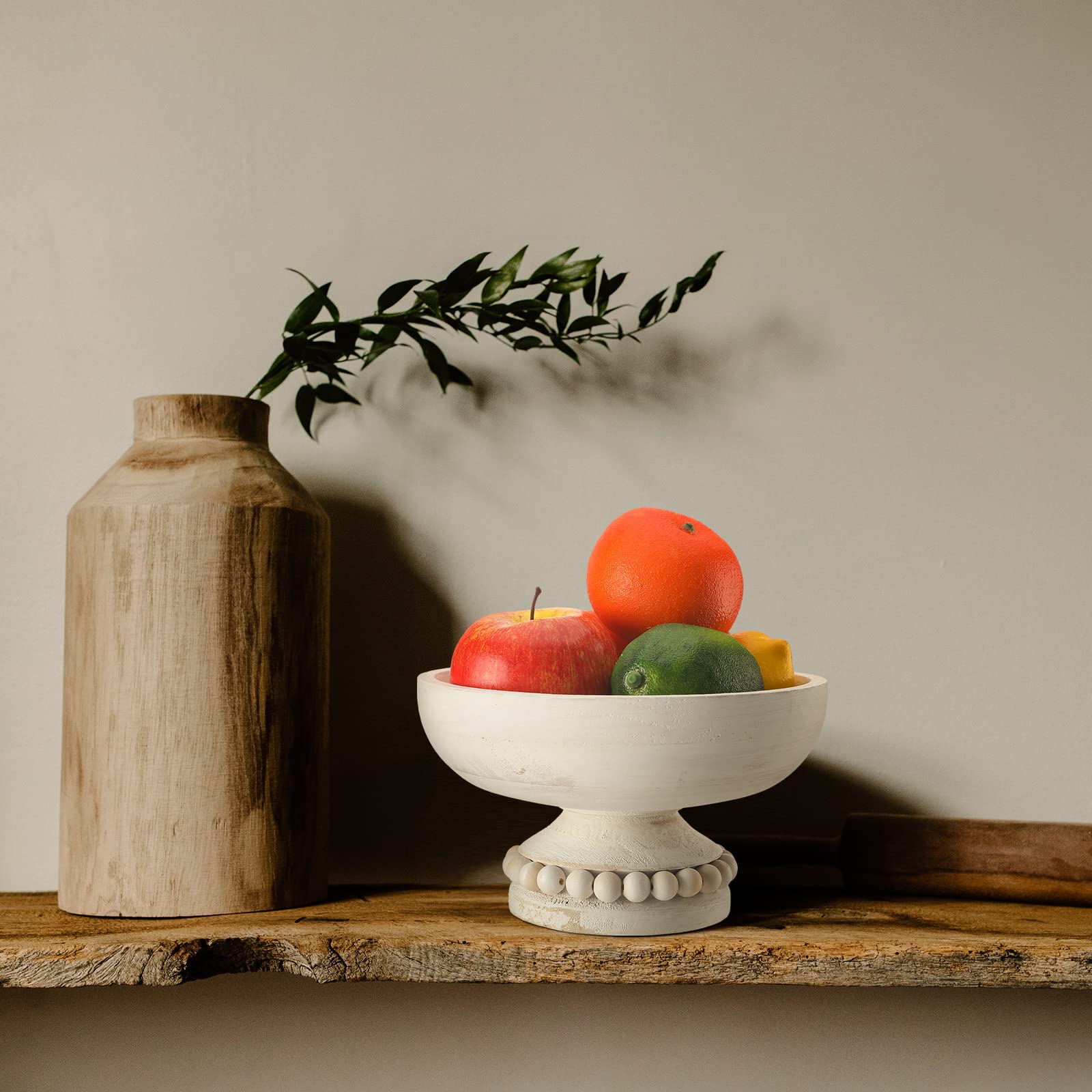 Amyhill Distressed Beaded Wood Pedestal Bowl Decorative Wooden Beaded Bowl Wood Pedestal Bowl Beaded Serving Bowl For Farmhouse