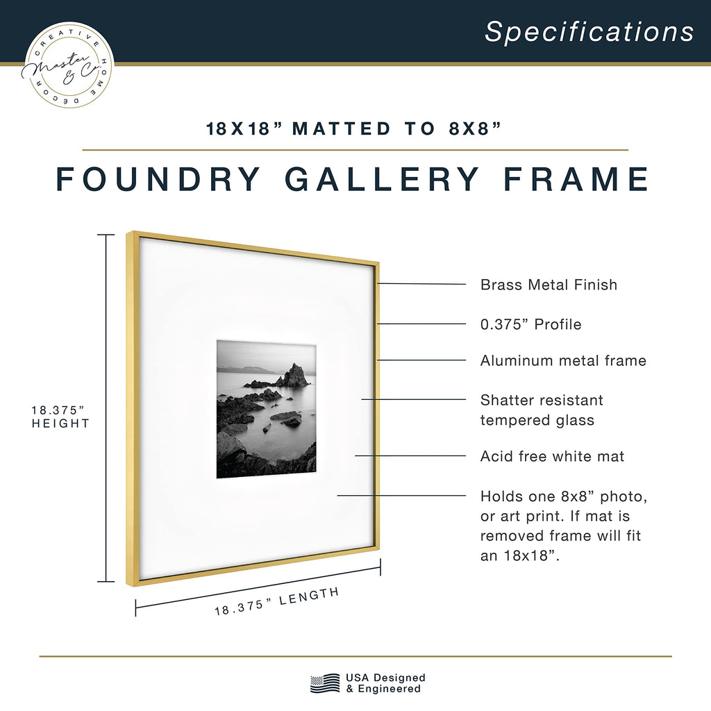Mcs Master & Co. Foundry Metal Gallery Wall Frame, Brass, 18X18 Inch Matted To 8X8 Inch