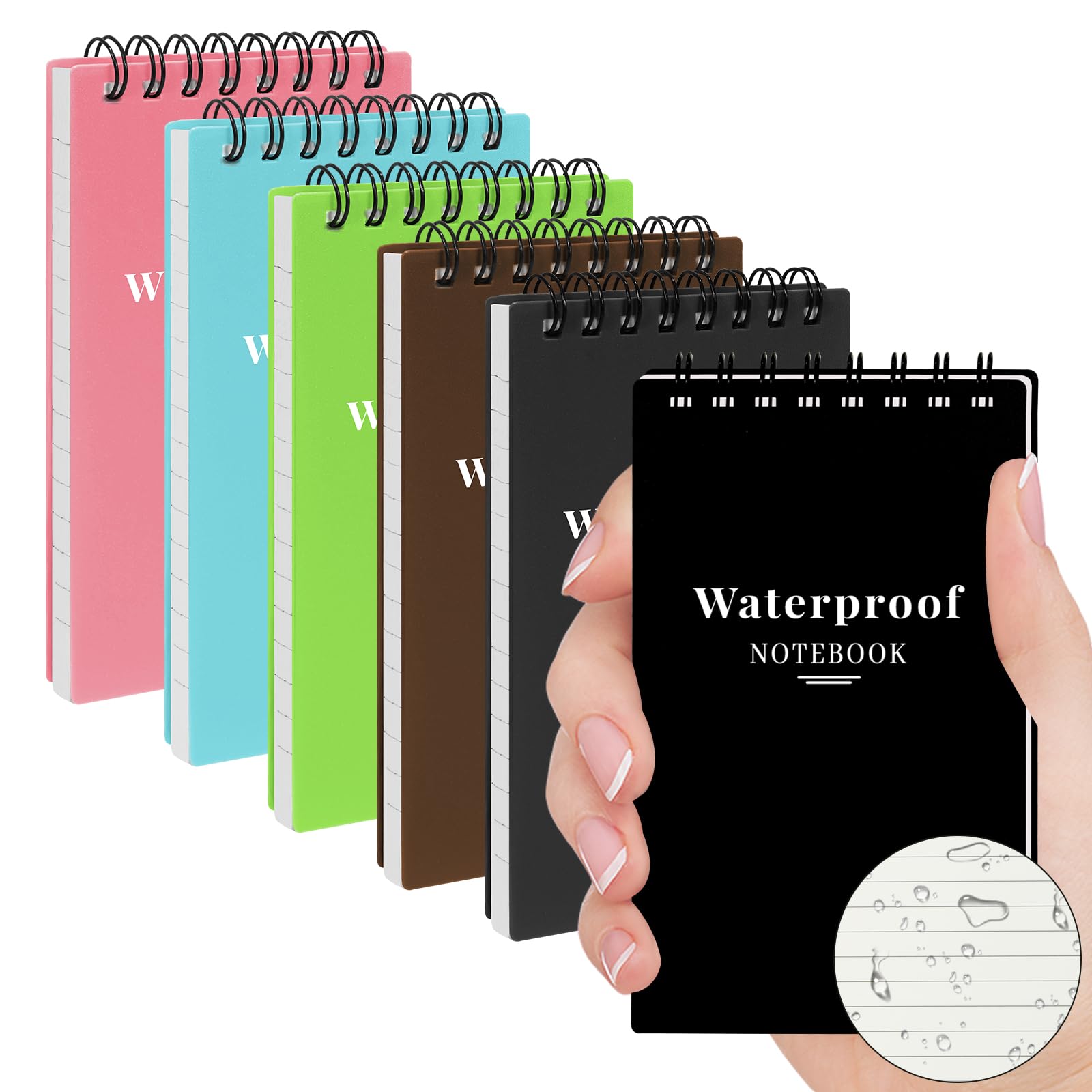 Wavamawa 6 Pack Waterproof Pocket Notebooks, 3X5 Small Notepads, Mini Top Spiral Notebook, Lined College Ruled Paper, Tiny Memo
