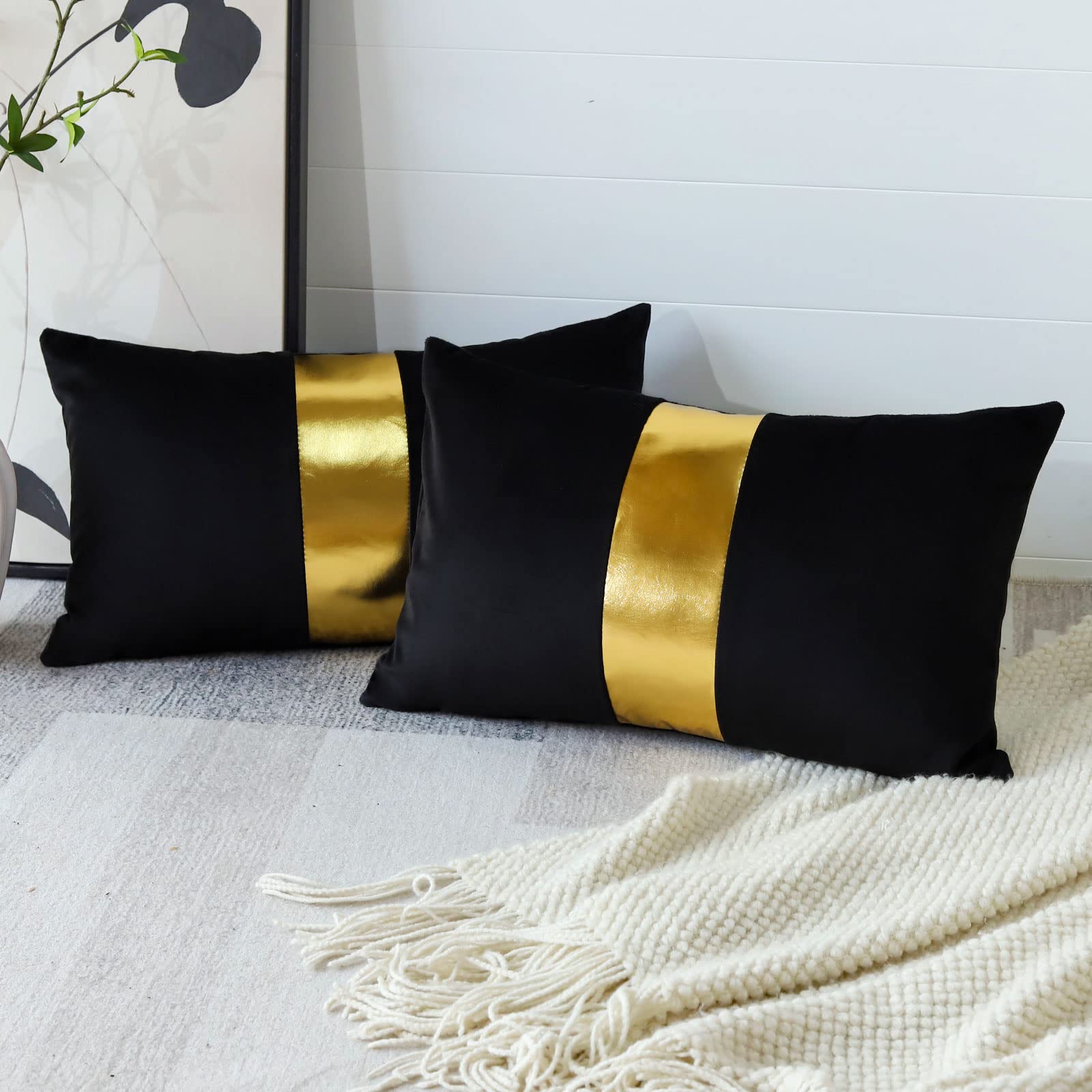 Artscope Black Velvet Throw Pillow Covers With Gold Leather Stitching Luxury Modern Minimalist Square Pillowcase Cushion Covers For Bed Couch Sofa 12X20Inch Set Of 2