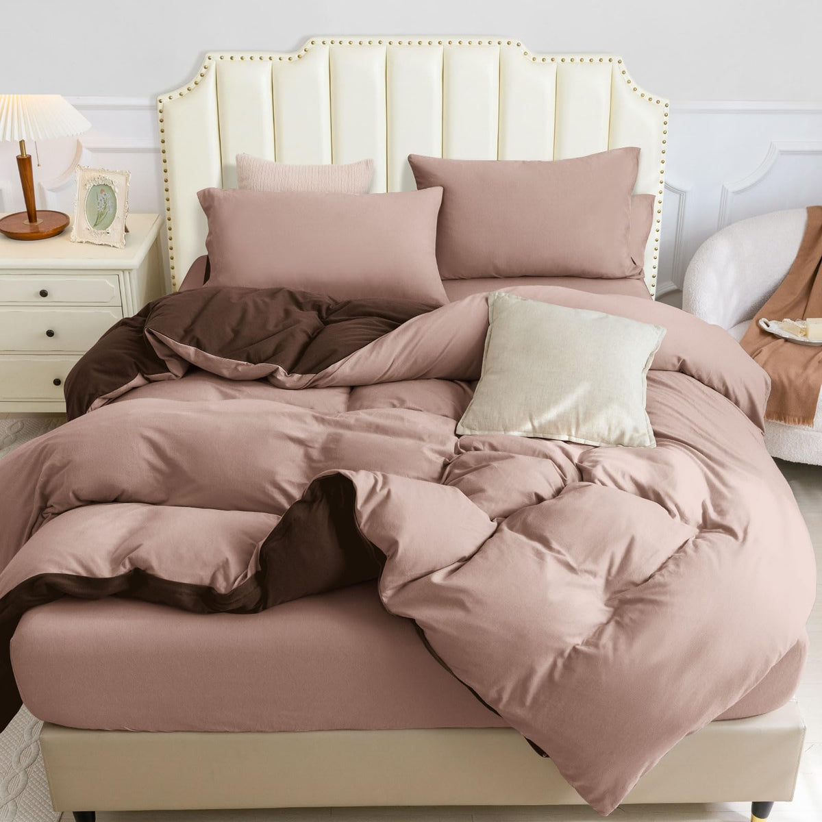 Pure Era Jersey Knit Duvet Cover Set 100% T-Shirt Cotton Super Soft Comfy 3Pc Bedding Set With Zipper Closure (Petal Pink/Dark B