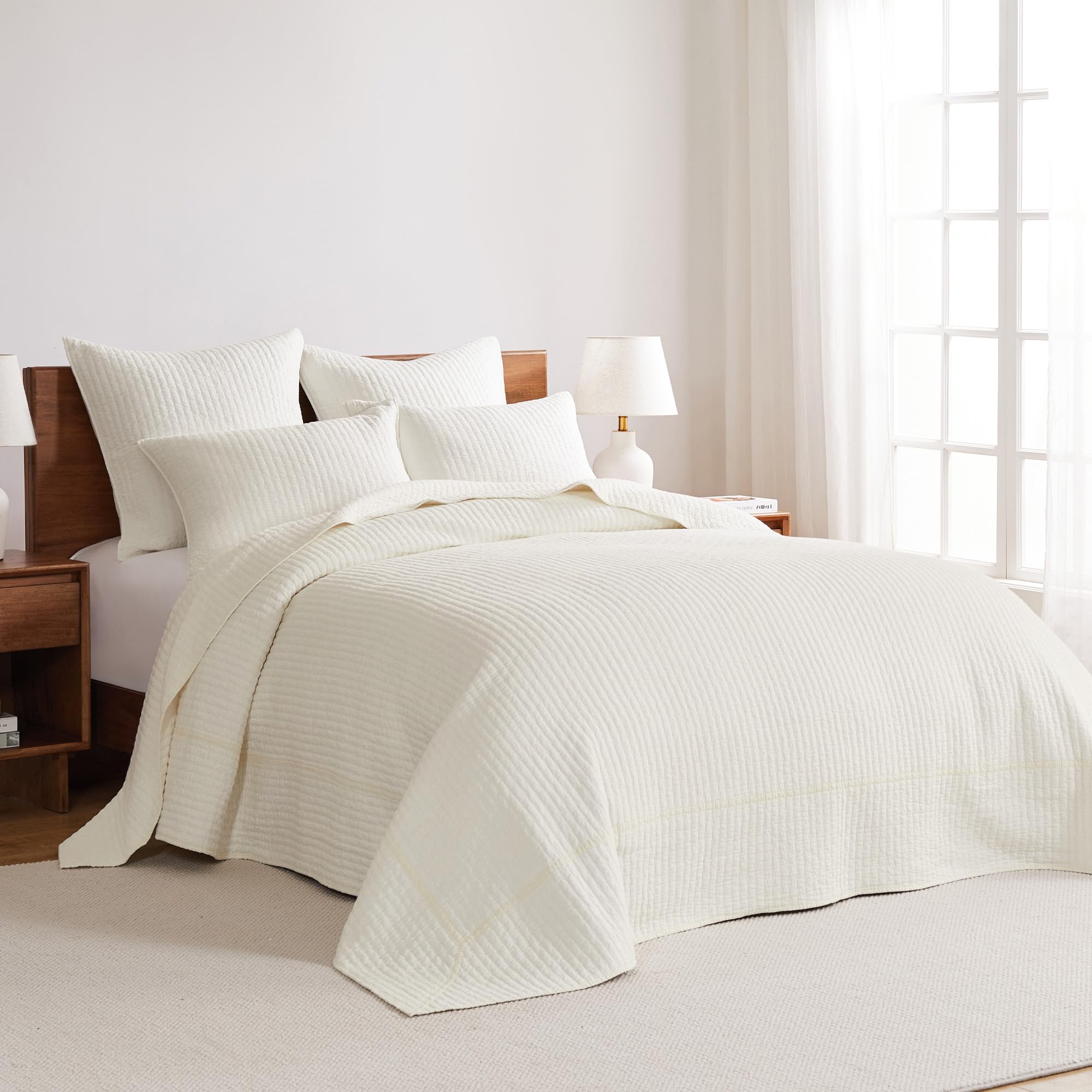 Levtex Home - Cross Stitch Cream Bedspread Set - Full Quilted Bedspread And Two Standard Shams - Cross Stitch Pattern - Bedsprea