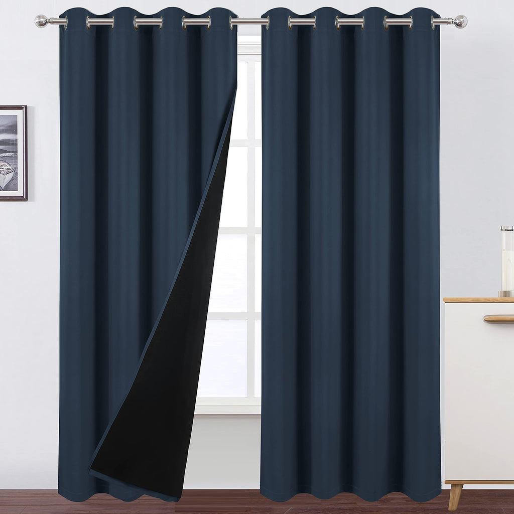 LEMOMO 100% Blackout Curtains 52 x 95 Inch/Navy Blue Curtains 2 Panels with Black Lining Room Darkening Thermal Insulated Bedroo
