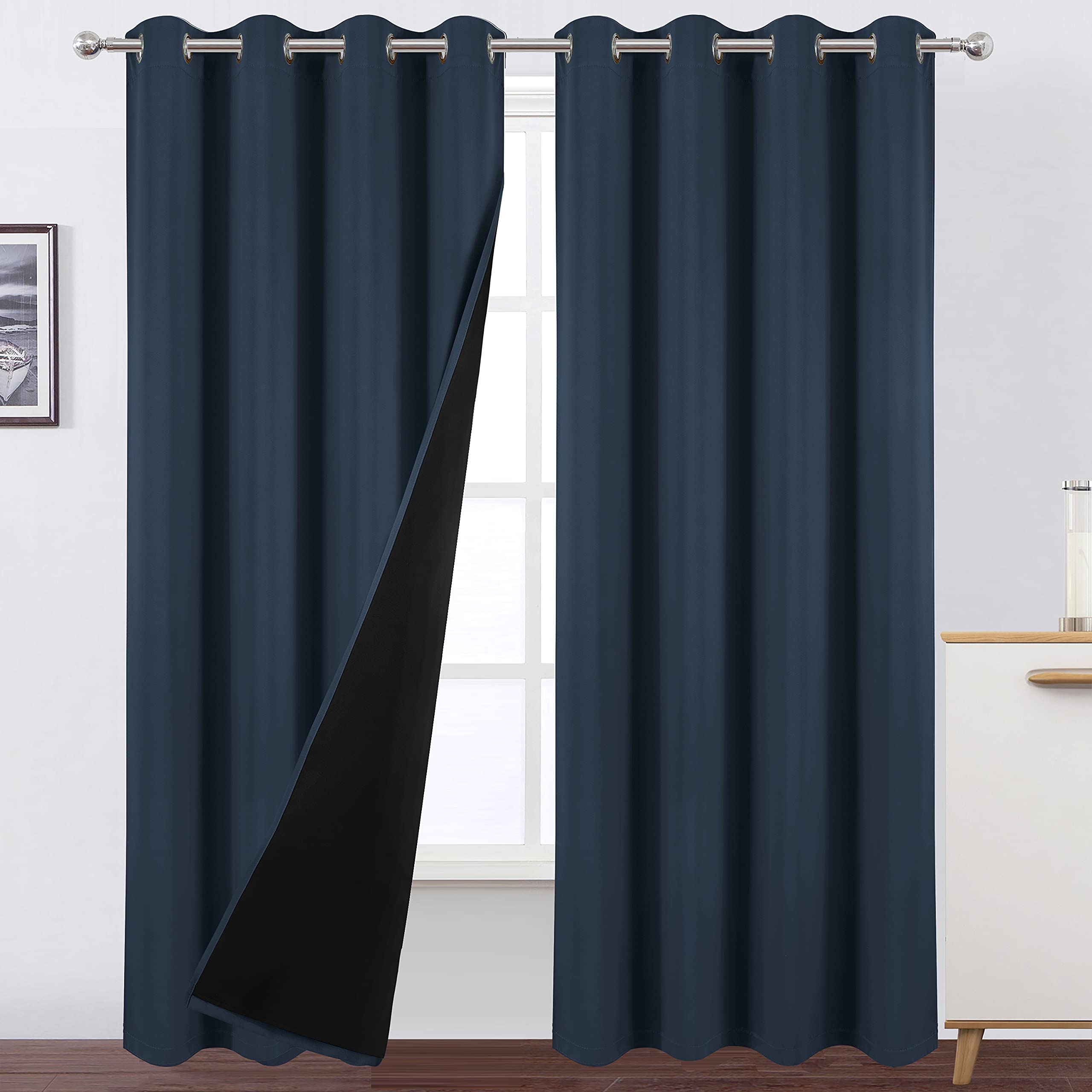 LEMOMO 100% Blackout Curtains 52 x 95 Inch/Navy Blue Curtains 2 Panels with Black Lining Room Darkening Thermal Insulated Bedroo