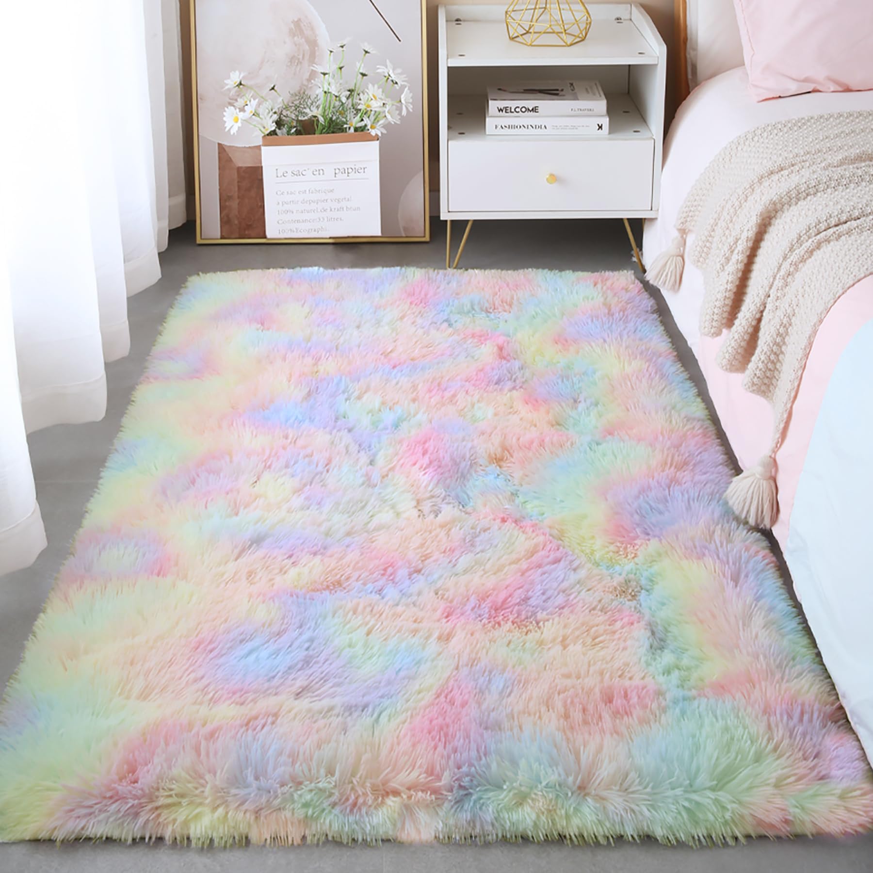 KCHOWUA Unicorn Fluffy Fuzzy Rugs for Girls Bedroom,3x5 Machine Washable Non Slip Pastel Shag Shaggy Cute Rug for Living Room, P