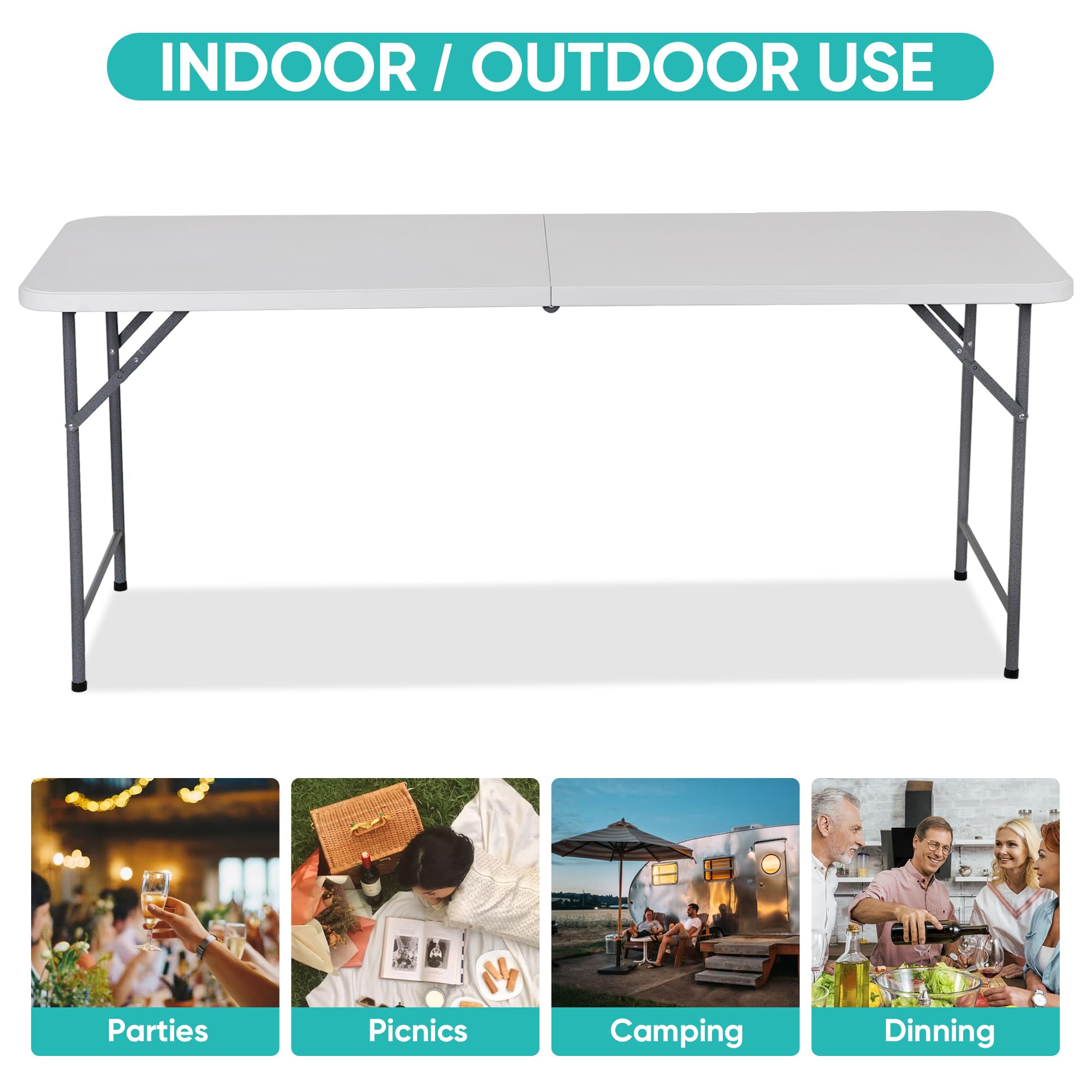 Zenstyle 6 Ft Adjustable Folding Table, Indoor Outdoor Portable Plastic Dining Card Table Utility Table For Camping Dining Event Party (71'X27', Rectangular)