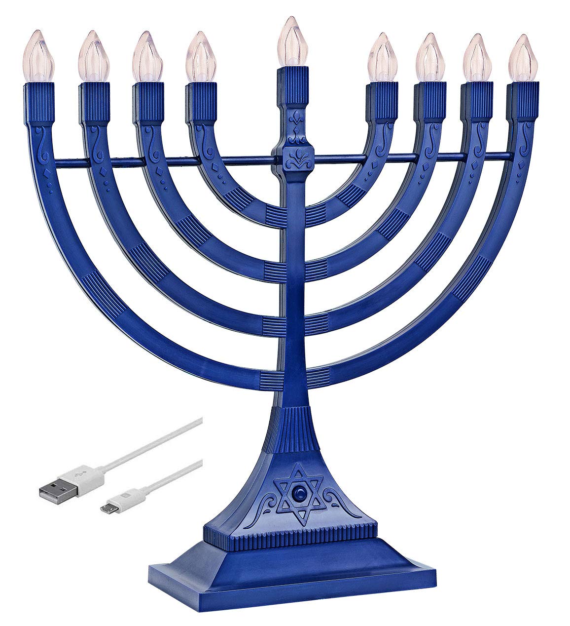 Zion Judaica Blue Electronic Hanukkah Menorah Powered by Batteries or USB 4 Cable Included Flameless Chanukkah Candles Holder L