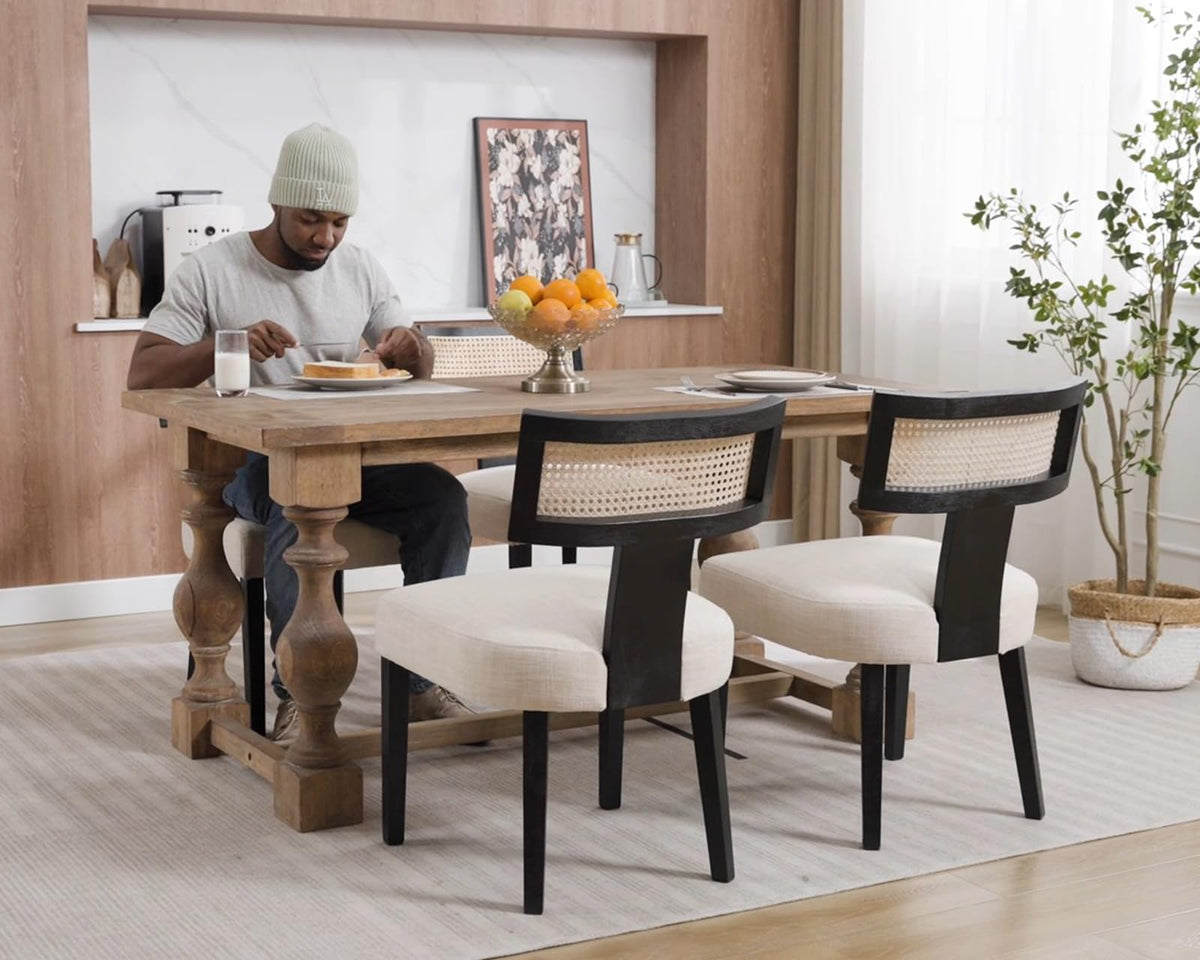 Hny Mid Century Modern Rattan Dining Chairs Set Of 4, Farmhouse Linen Upholstered Accent Chair Curved Backrest Kitchen Chairs, W