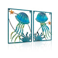 Liffy Metal Jellyfish Wall Decor With Frame-Outdoor Wall Art,Jellyfish Wall Decor With Led Fairy Light,Glass Art Wall Sculpture,