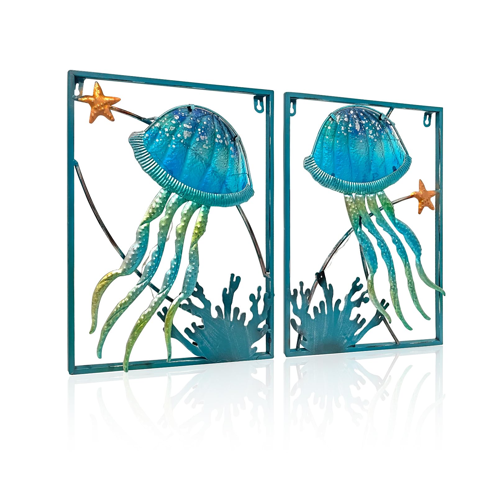 Liffy Metal Jellyfish Wall Decor With Frame-Outdoor Wall Art,Jellyfish Wall Decor With Led Fairy Light,Glass Art Wall Sculpture,