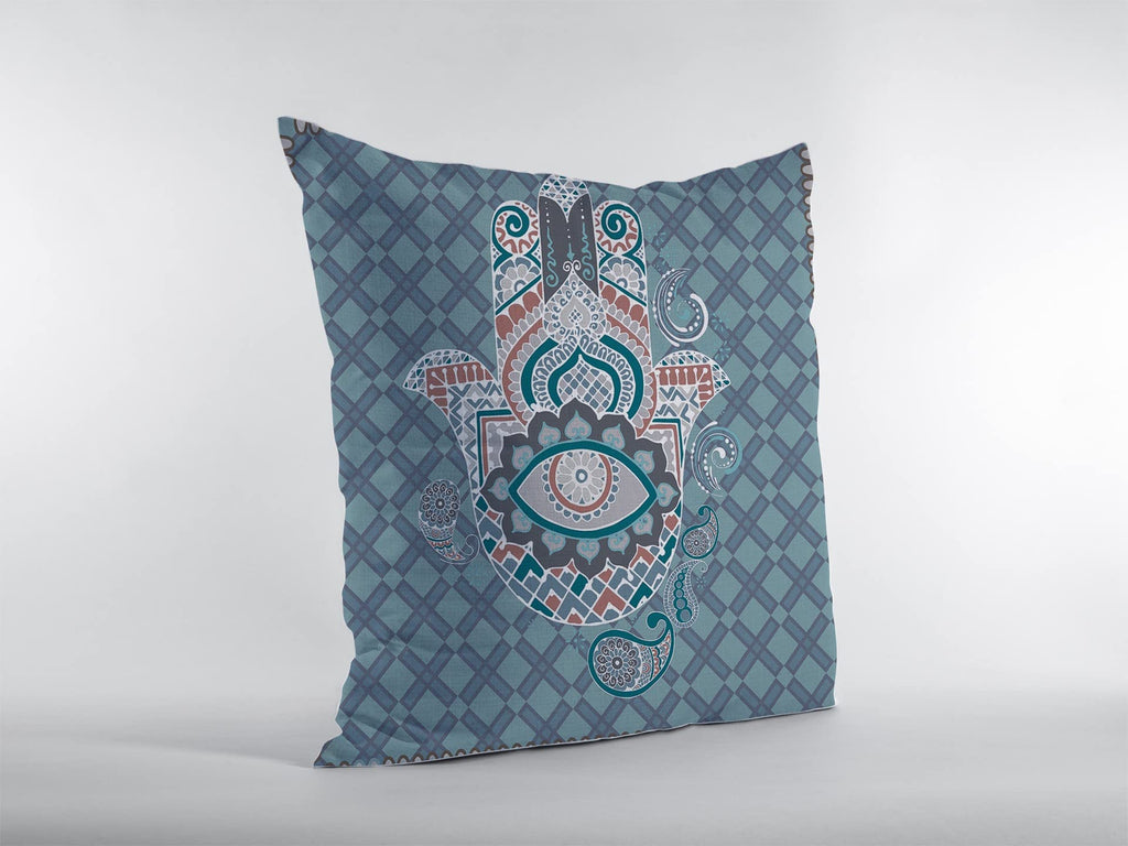 HomeRoots Muted Blue Broadcloth 20â€ Slate Blue Hamsa Indoor Outdoor Throw Pillow
