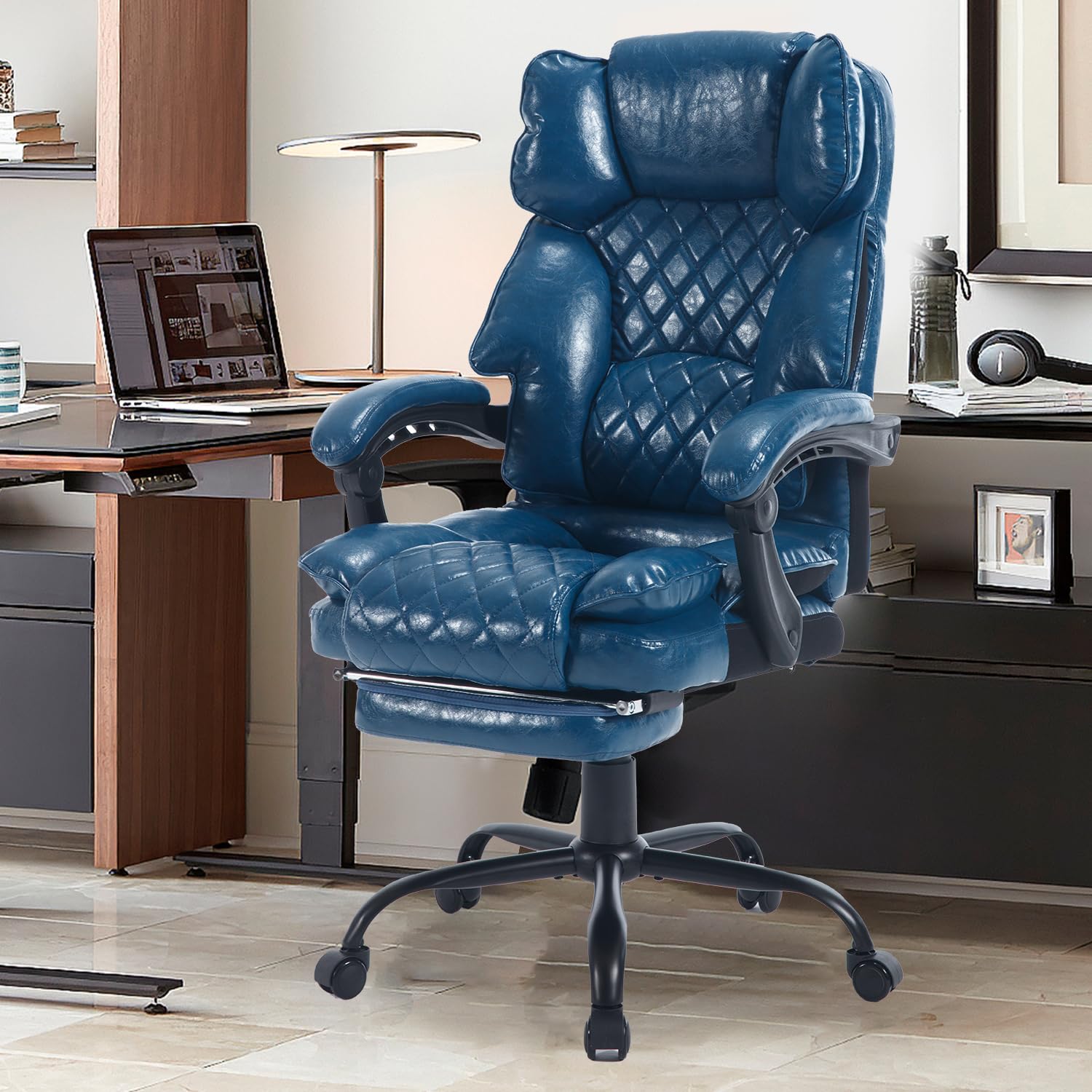 Reficcer Reclining Office Chair With Footrest, Ergonomic Leather Executive Office Desk Chairs With Lumbar Support, High Back Vin