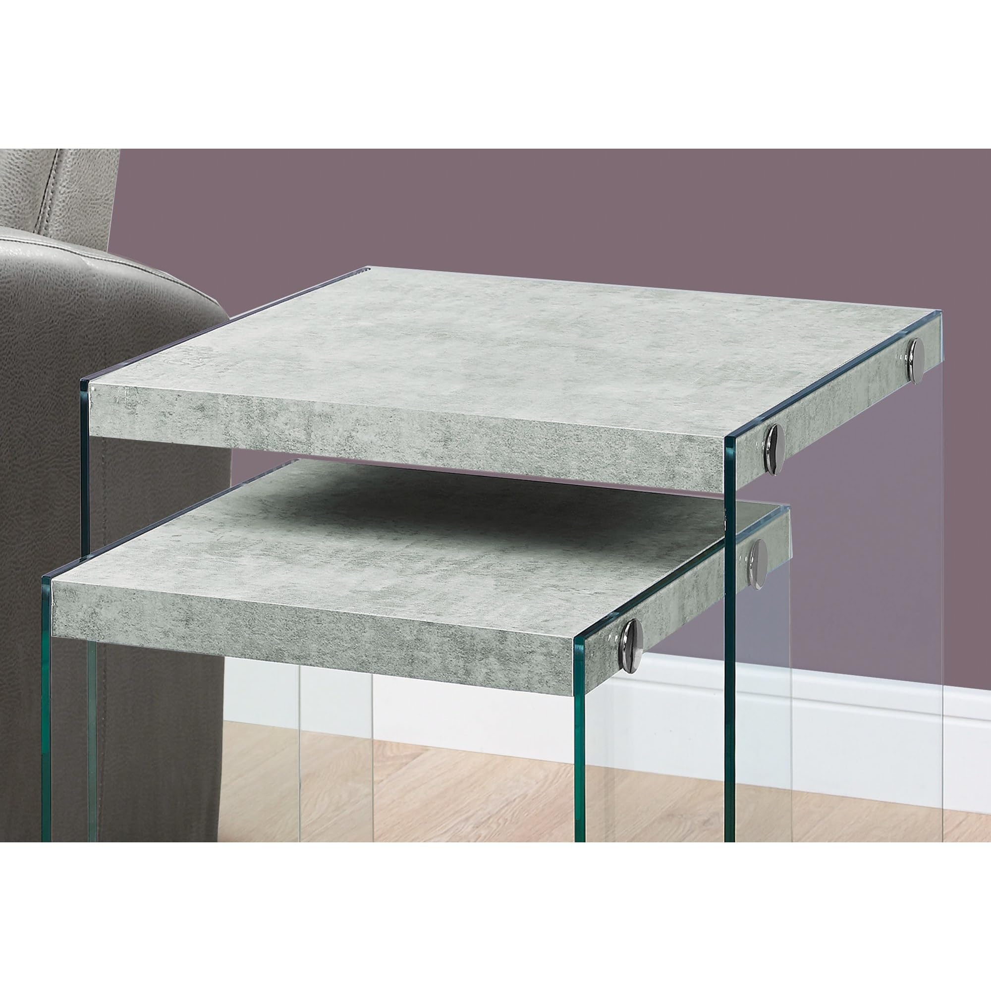Monarch Specialties ,Nesting Table, Tempered Glass, Grey Cement
