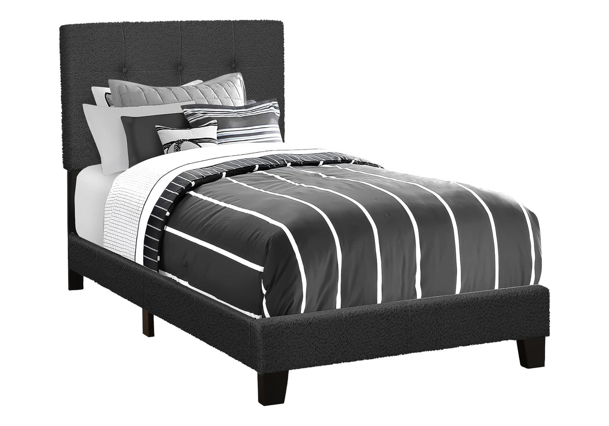 Monarch Specialties I 5805T Bed, Twin Size, Upholstered, Bedroom, Frame Only, Youth, Teen, Juvenile, Black Boucle, Transitional