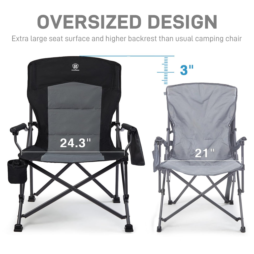 Ever Advanced Oversized Folding Camping Chair For Adults, Heavy Duty Lawn Chair With Side Pockets, Portable Collapsible Quad Chair For Outside, Support Up To 500Lbs, Black
