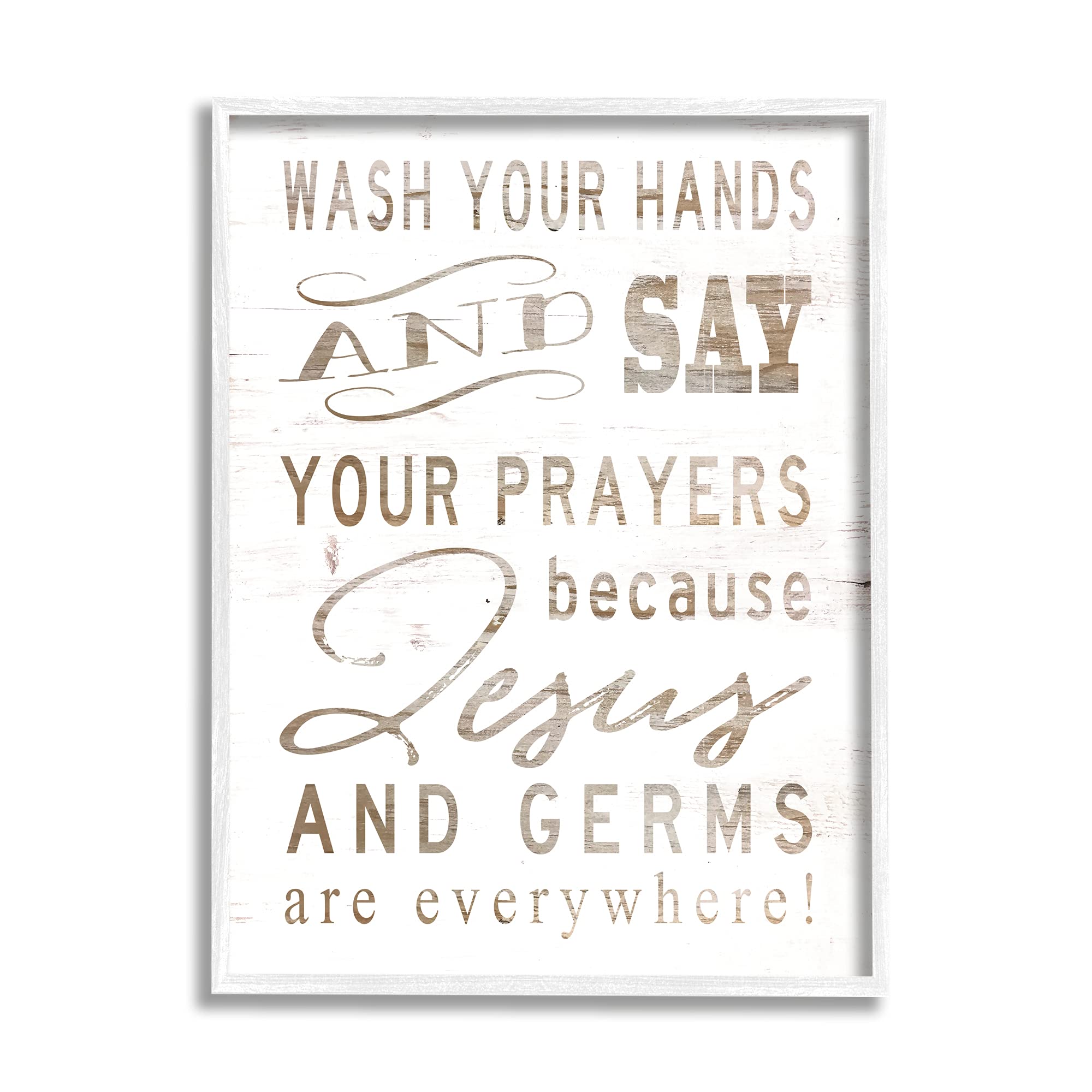 Stupell Industries White Wood Look Jesus and Germs are Everywhere Wash Your Hands Sign, Design by Cindy Jacobs Framed Wall Art, 