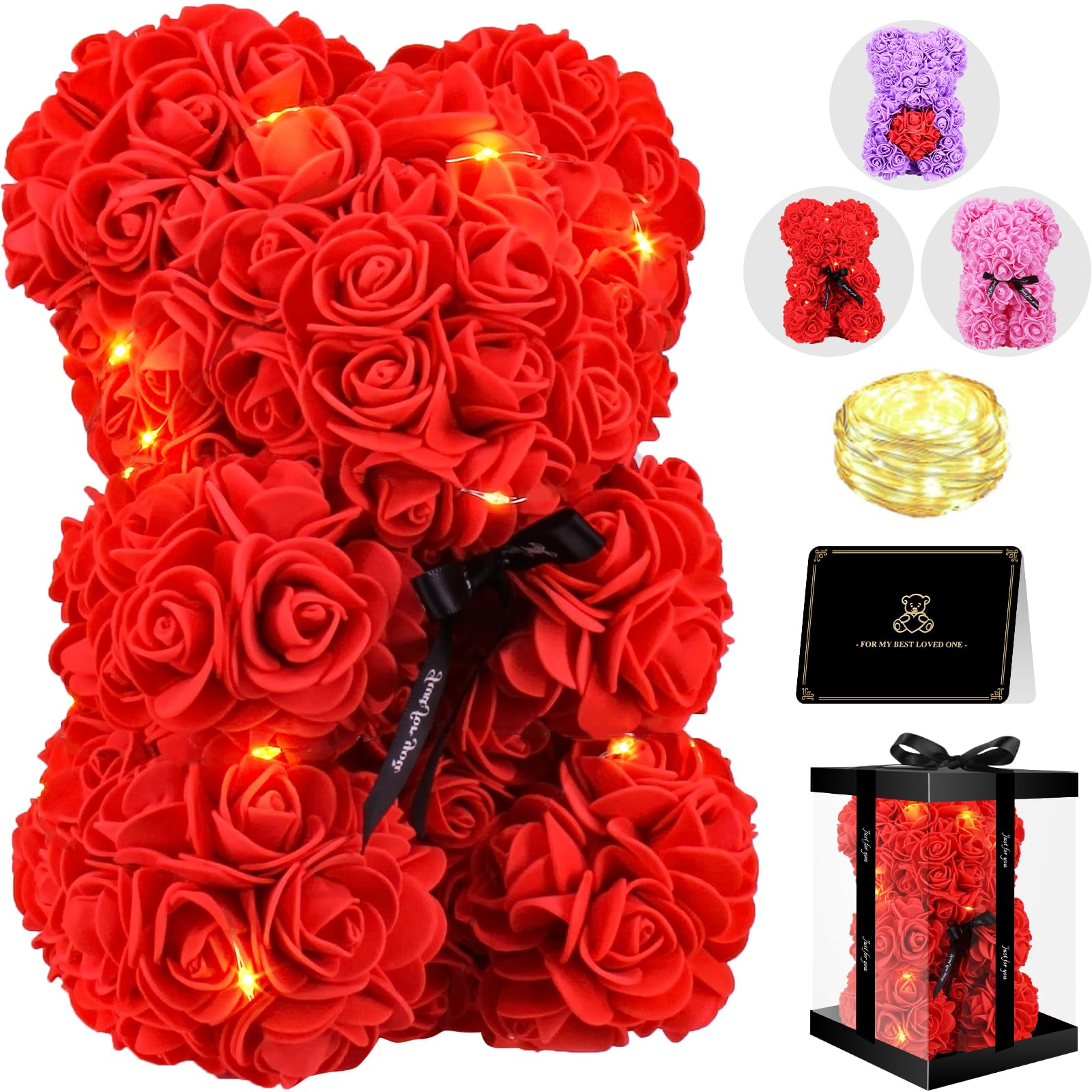 Otlonpe Bear Rose Valentines Day Gifts for Her, 9 inch Flower Bear with Led Light, Birthday Gifts for Women Wife Girlfriend Mom,