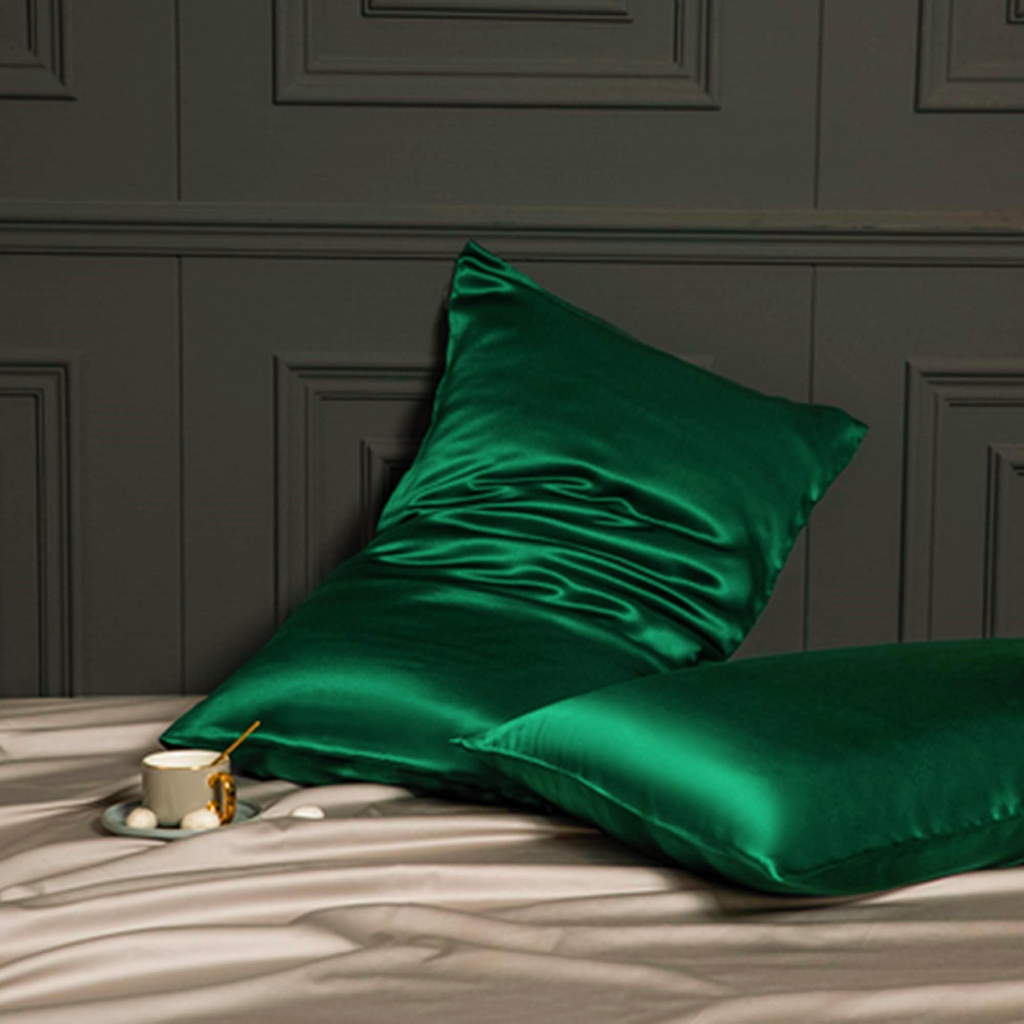 Green Silk Pillowcase For Hair And Skin Made In Usa, 22 Momme Mulberry Silk Pillow Cases Standard Size With Zipper, 6A Grade Org
